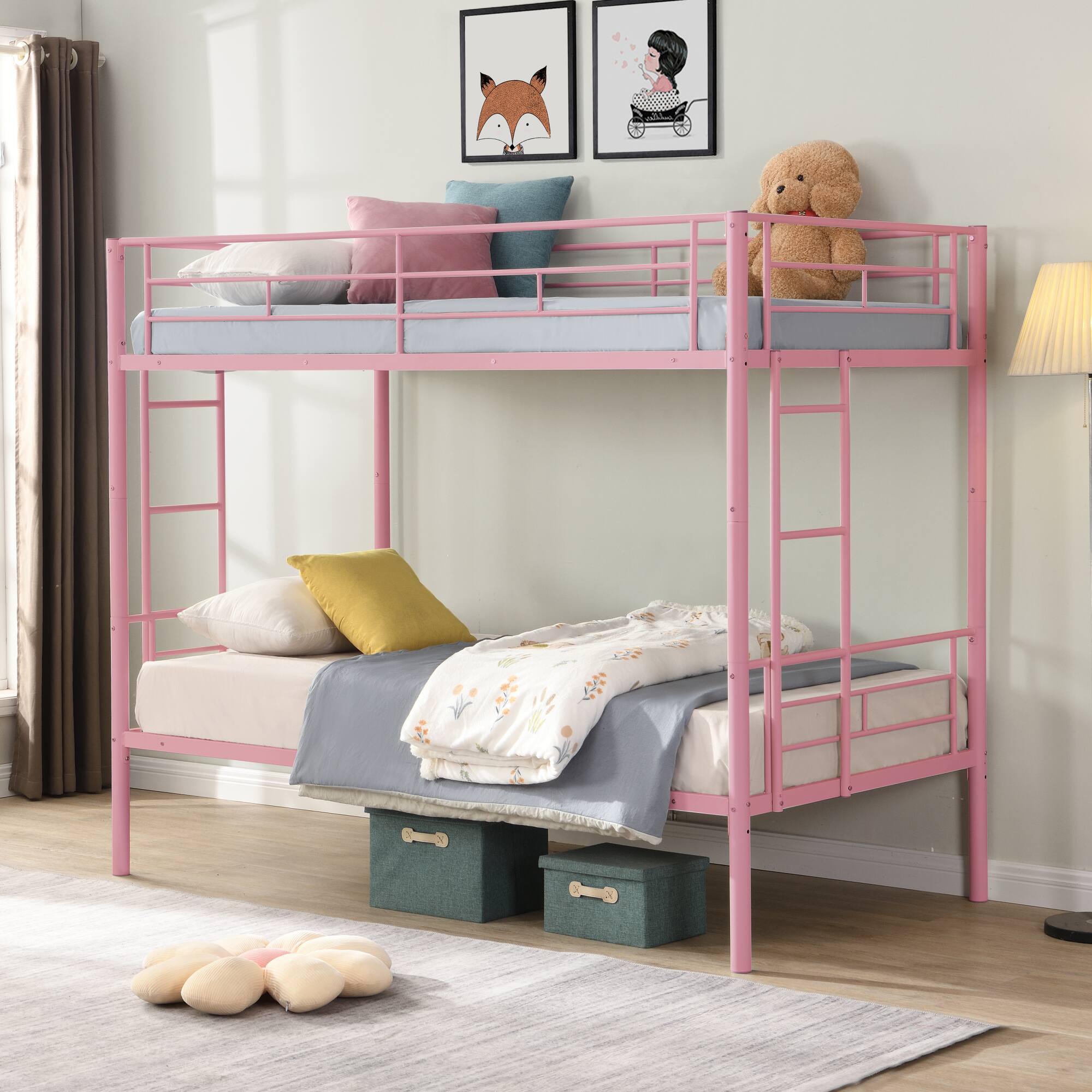Front. GOODSILO - Sturdy Metal Twin Over Twin Bunk Bed with Safe Stairs for Space-Saving Kids Room - Pink.