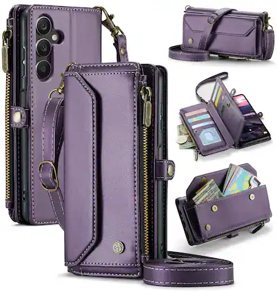 Front. Dteck - Crossbody Wallet Case for Samsung Galaxy A56 with Card Slots and Zipper Pocket, RFID Blocking PU Leather Phone Cover - Purple.