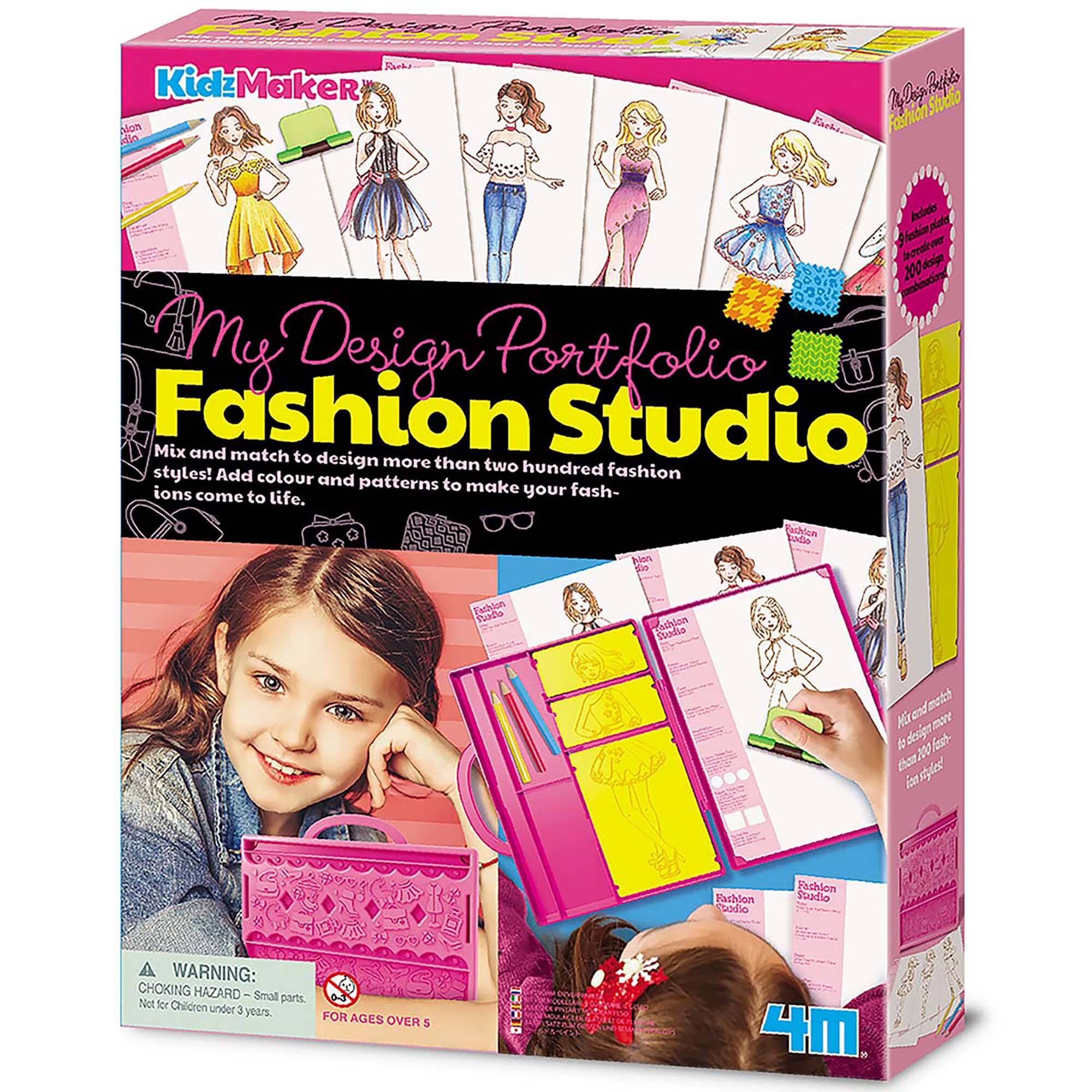 My Design Portfolio Fashion Studio is a product that allows children to create their own fashion designs. The kit includes a portfolio, fashion plates, and various accessories to help children design more than two hundred fashion styles. The kit also contains coloring materials and patterns to make the fashion designs come to life. The product is recommended for children over the age of five and is a fun and creative way for kids to explore their artistic side.