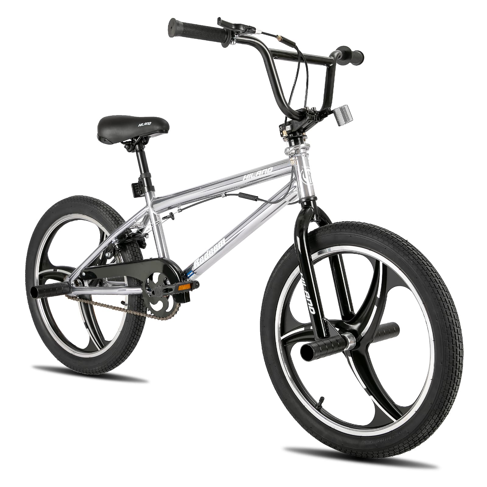 HILAND - 20 Inch 3 Spoke Kids BMX Bike for Boys Girls Ages 5-12, 360 Degree Rotor Freestyle, 4 Pegs BMX Bicycle - Silver