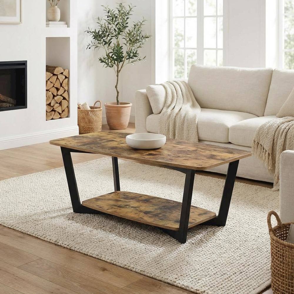 Back. FurniFact - Barnwood Black Coffee Table with Shelf and Sturdy Frame for Living Room - Barnwood.