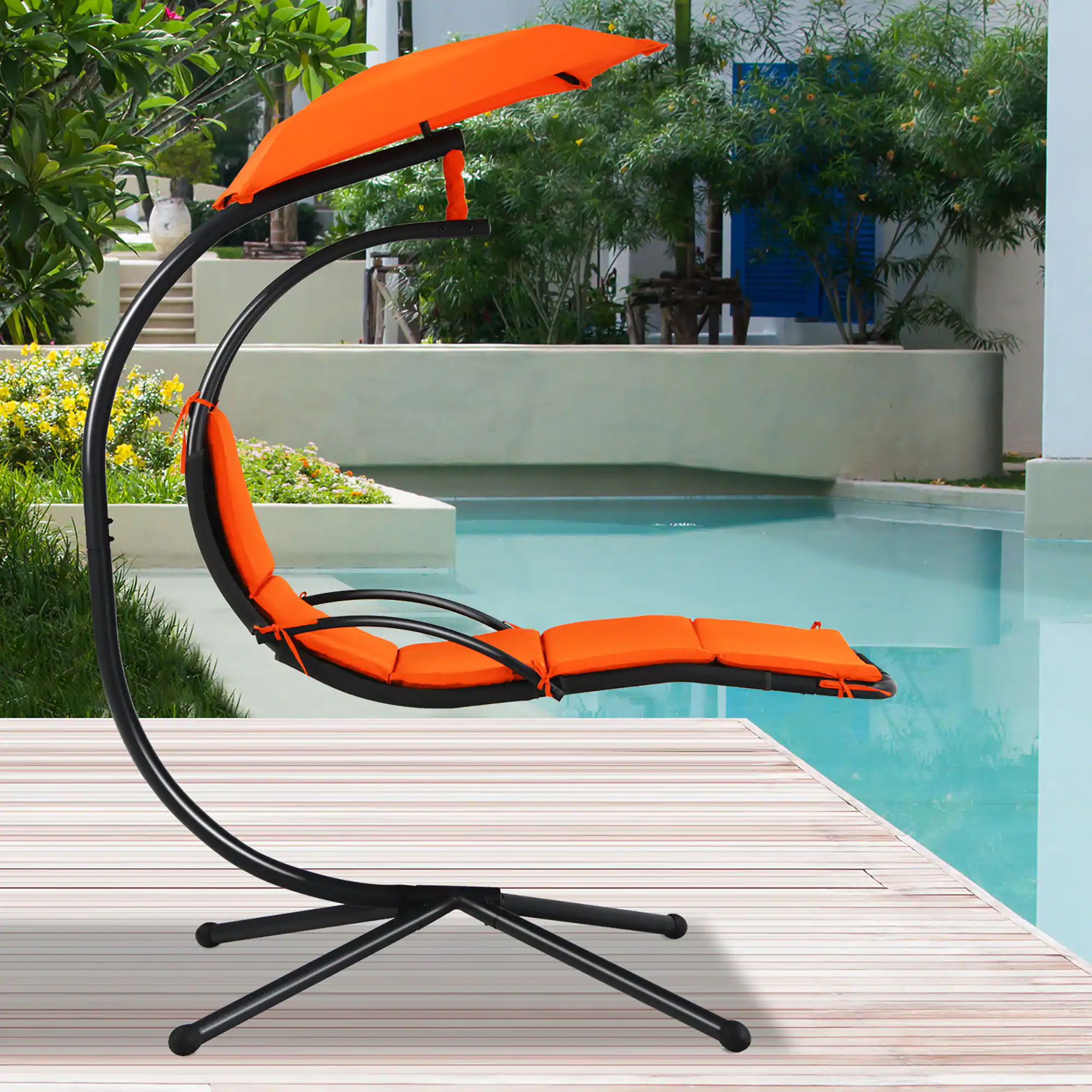Alt View 1. Costway - Costway Patio Hanging Hammock Chaise Lounge Chair with Canopy Cushion - Orange.