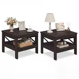 Costway - 2 PCS End Table with Storage Shelf & X-Frame, 24" Farmhouse Nightstand for Bedroom - Brown