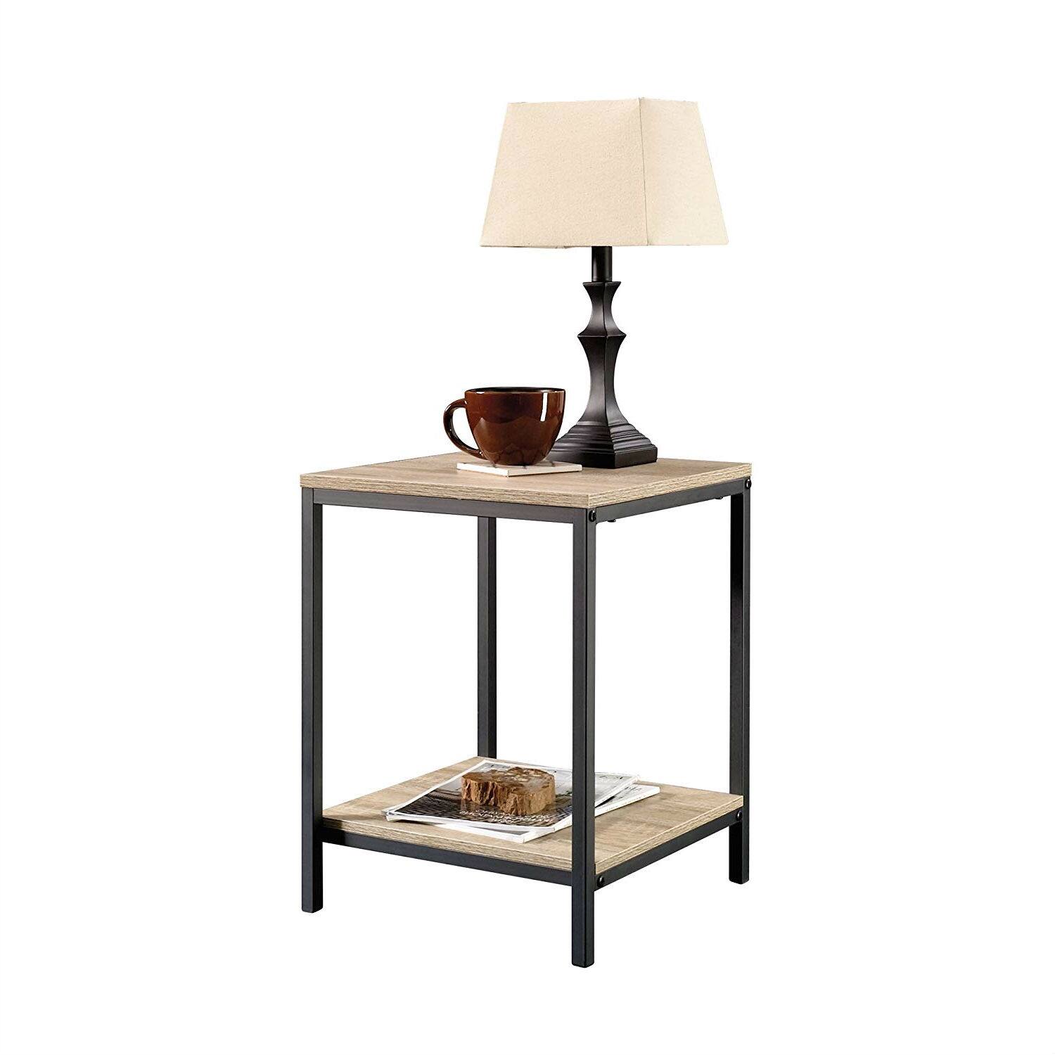 Angle. Hivvago - Modern Black Metal Frame End Table with Oak Finish Wood Top and Bottom Shelf - Black, Oak.