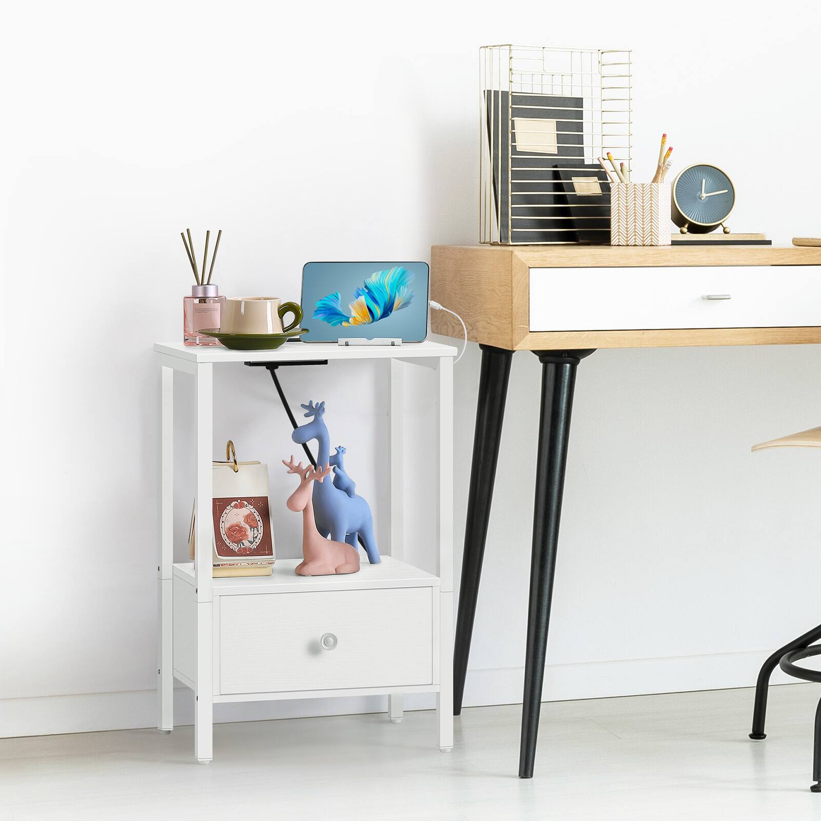 Alt View 3. Oumilen - Set of 2 Nightstand with Built-in Charging Station & Wood Drawer, White - White.