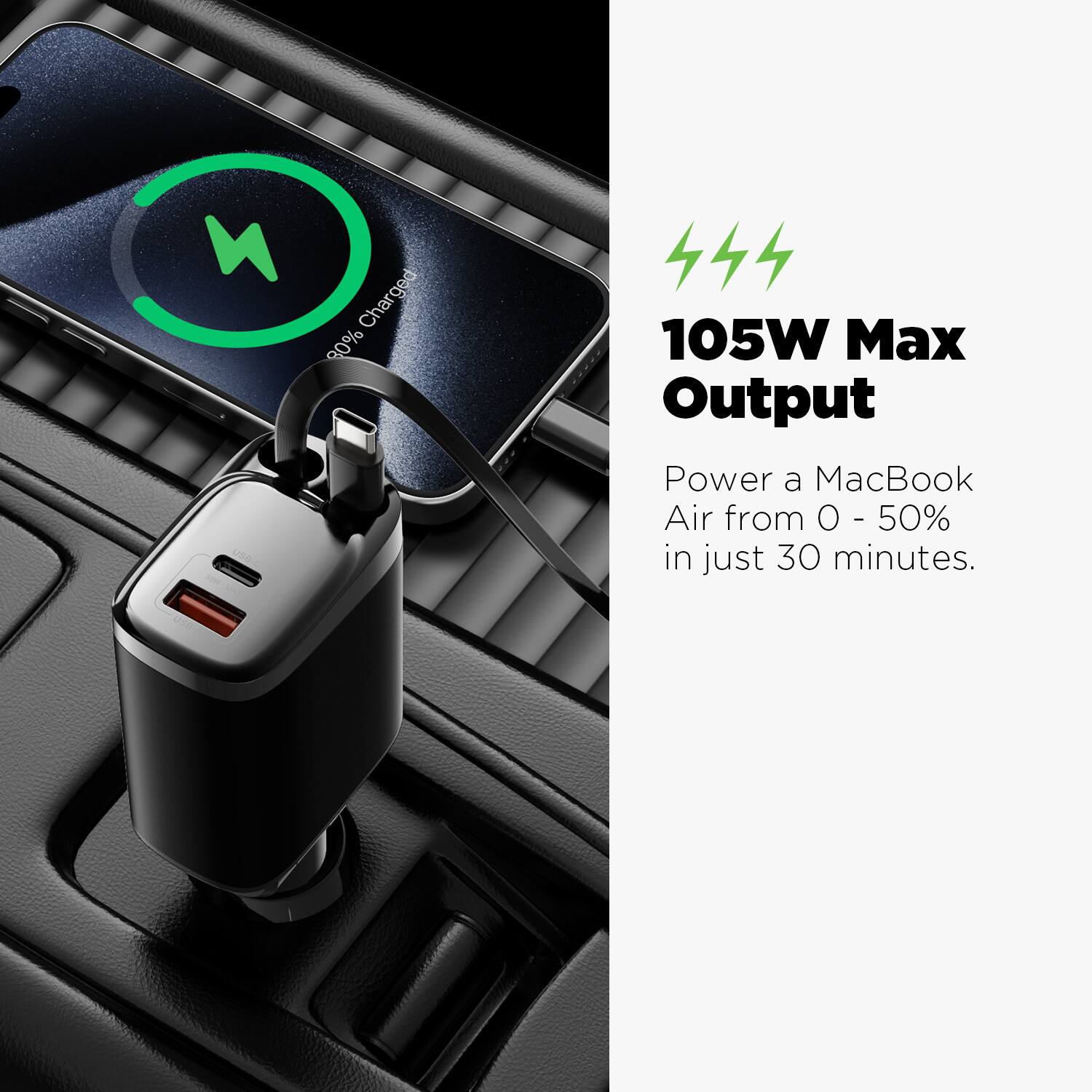 4 Charged 80% USA  
444  
105W Max Output Power  
Power a MacBook Air from 0 - 50% in just 30 minutes.