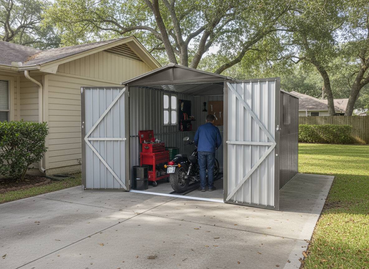 Angle. Anysun - Motorcycle Outdoor Steel Storage Shed with Window & Tracks, Heavy-Duty Secure Storage for Motorcycle, Easy Assembly - Grey.