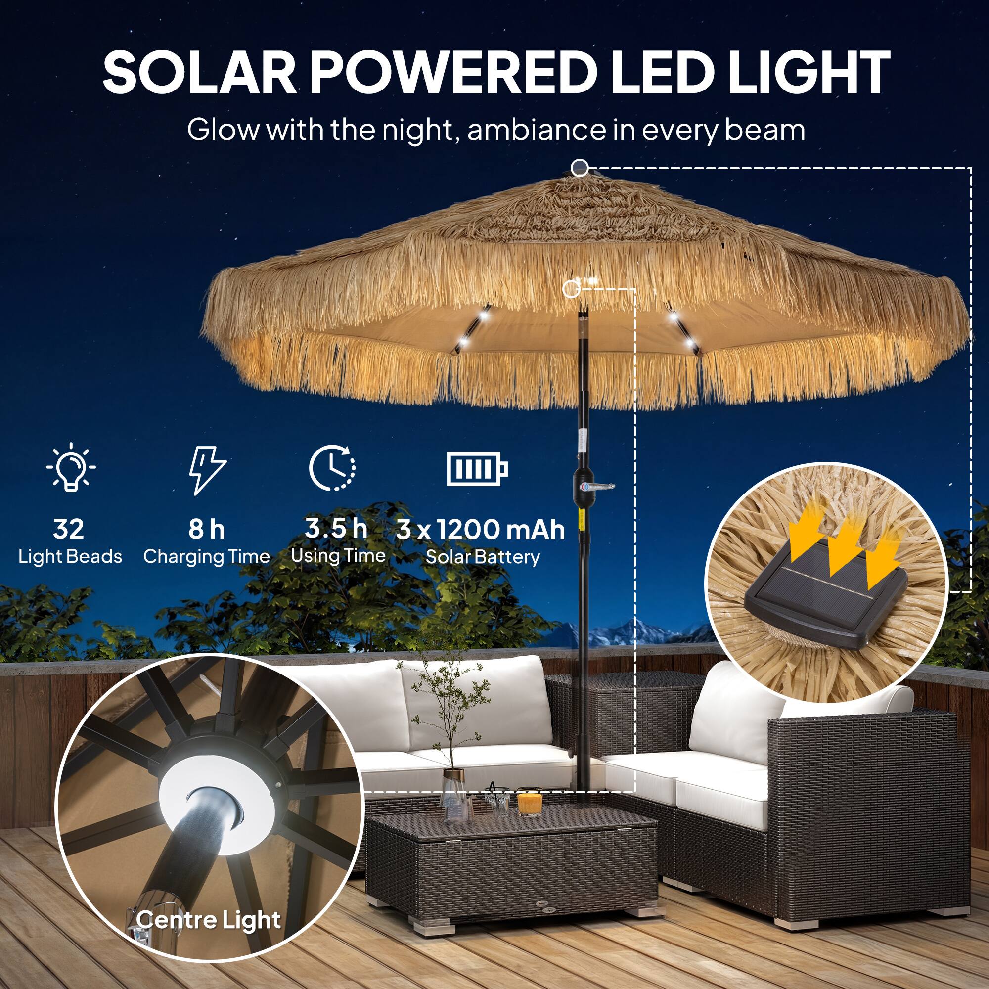 SOLAR POWERED LED LIGHT  
Glow with the night, ambiance in every beam  

- 32 Light Beads  
- 8h Charging Time  
- 3.5h Using Time  
- 3 x 1200 mAh Solar Battery  
- Centre Light