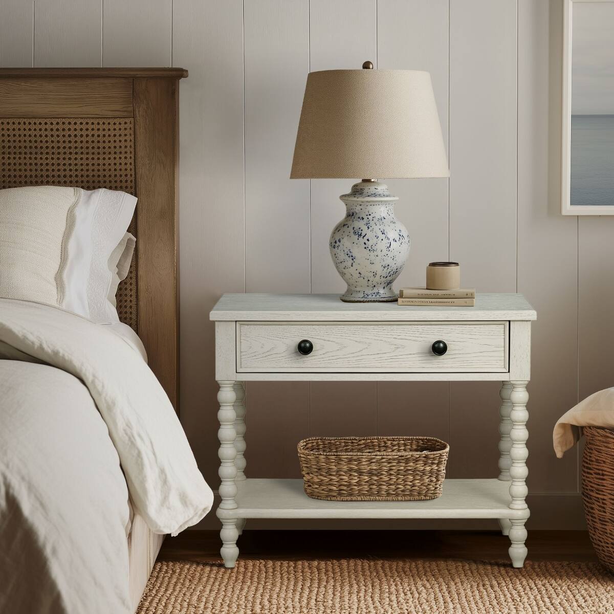 Left. Loheer - Loheer Large Antique Cream Nightstand with Drawer and Open Shelf, 32 Inch Wide - Antique Cream.