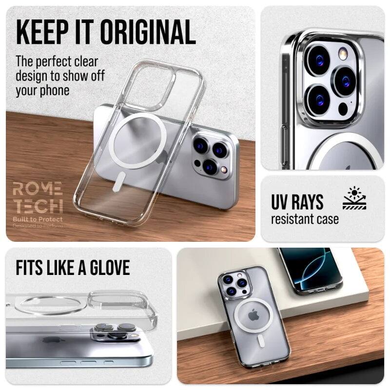 KEEP IT ORIGINAL  
The perfect clear design to show off your phone  

ROME TECH  
Built to Protect  

UV RAYS resistant case  

FITS LIKE A GLOVE