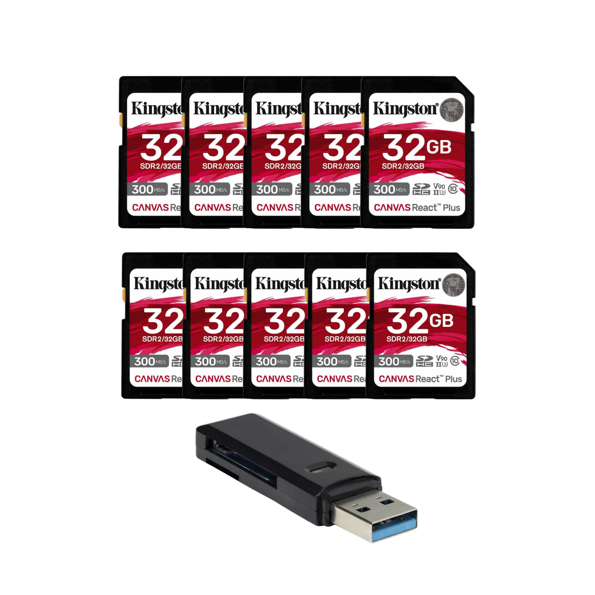 Kingston - Canvas React Plus 32GB U3 V90 SD Memory Card (10-Pack) with Card Reader