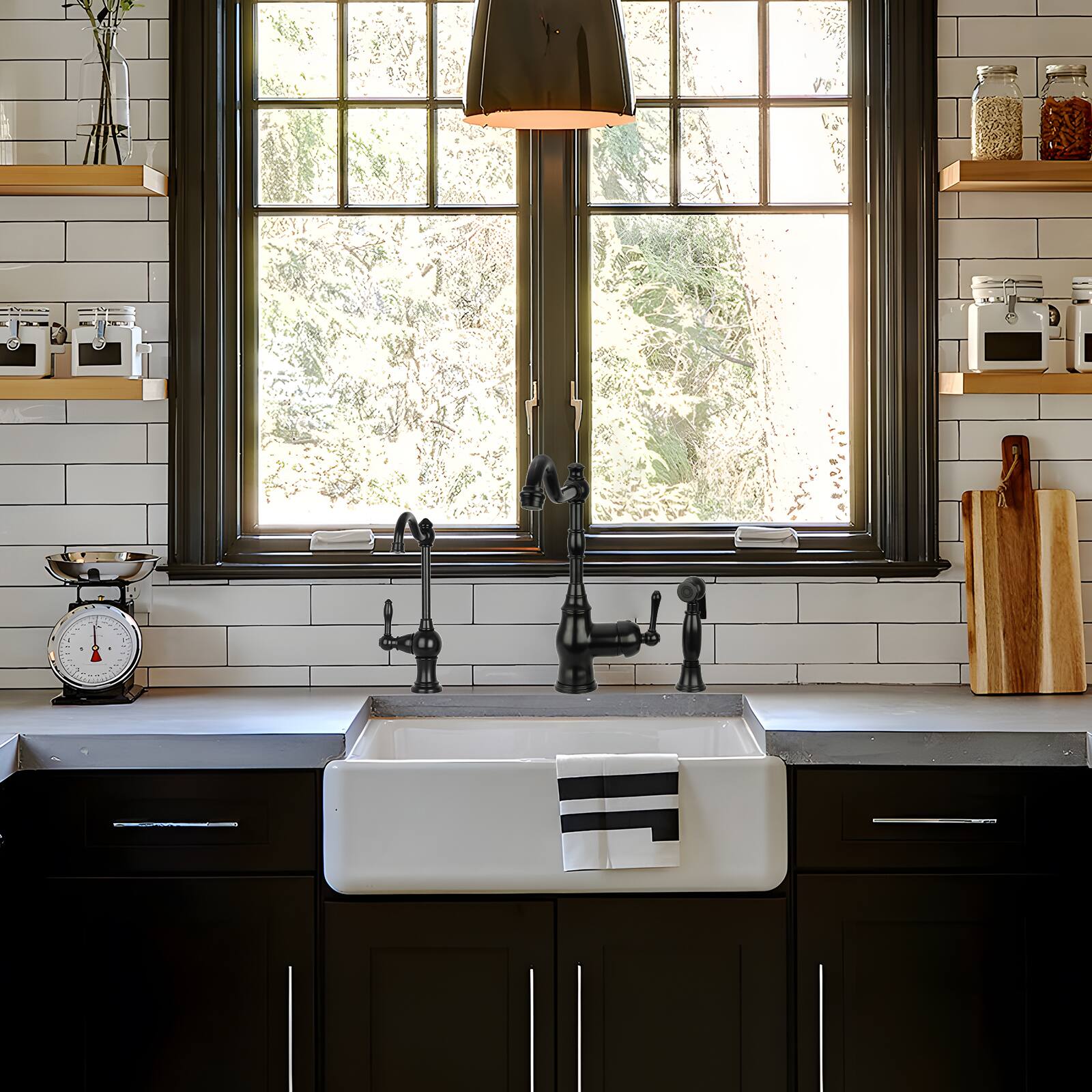 Alt View 5. Akicon - Akicon Solid Brass One-Handle 360° Swivel Widespread Kitchen Faucet with Side Spray in Matte Black - Matte Black.