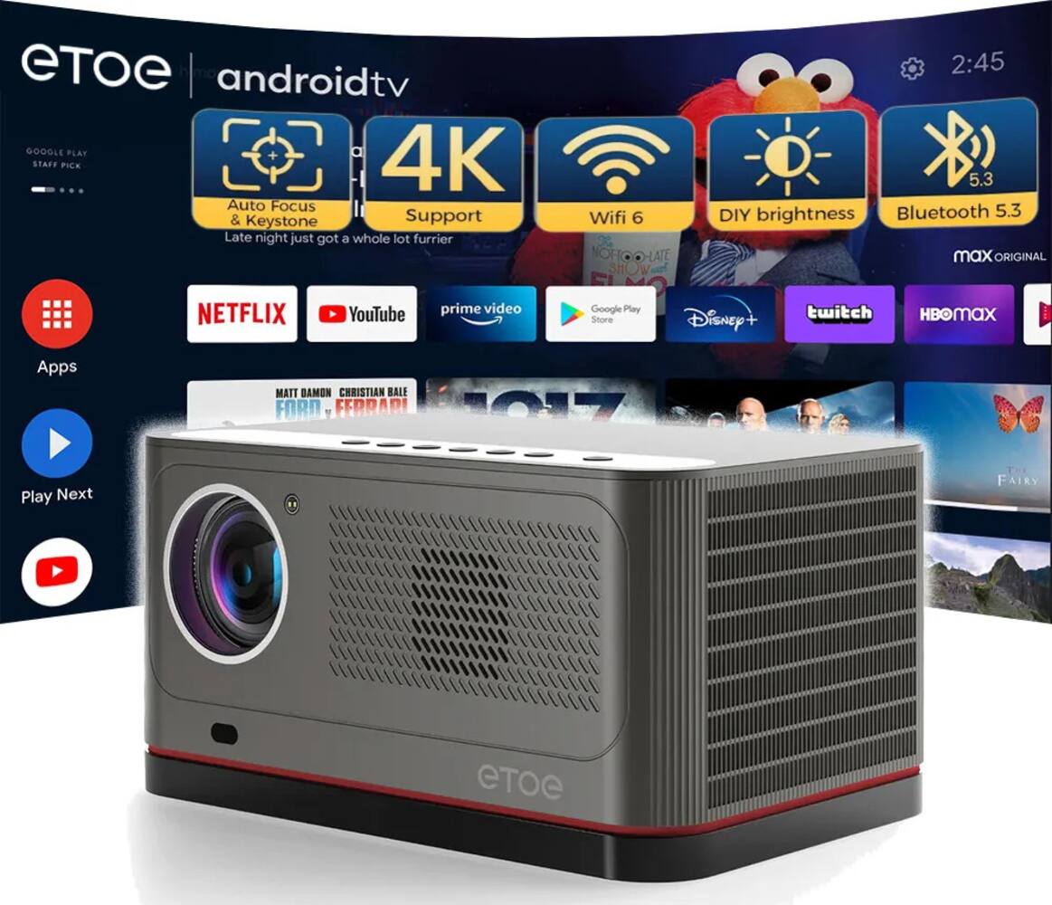 ETOE - Whale Pro 1080p FHD Projector, 1500 ANSI, Android TV 11.0 & Netflix Certified, 20W DoIby Audio, Auto Focus & Keystone - Black