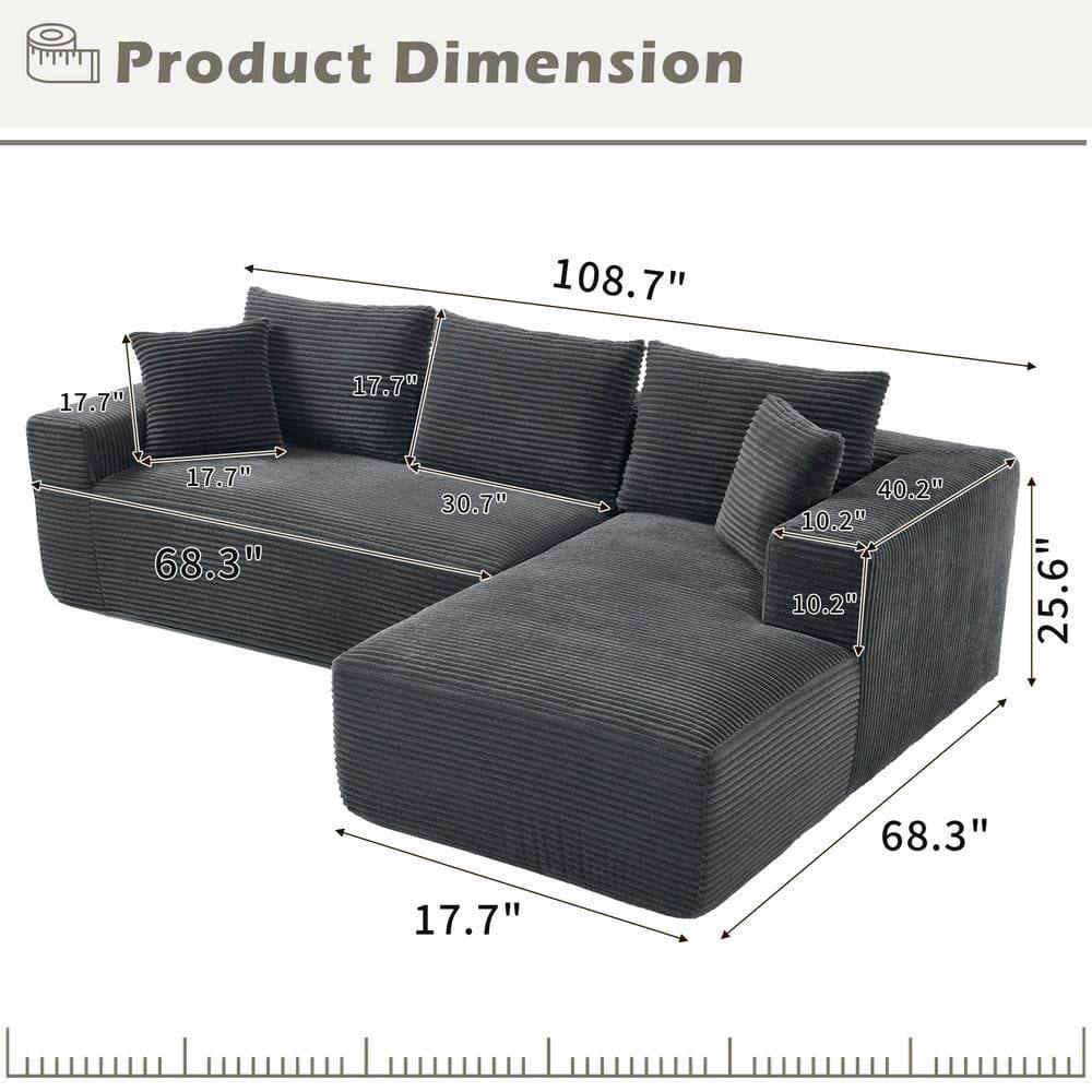Product Dimension

- Length: 108.7"
- Width: 68.3"
- Depth: 40.2"
- Height: 25.6"
- Seat Height: 10.2"
- Armrest Height: 17.7"
- Back Height: 30.7"
- Cushion Depth: 17.7"