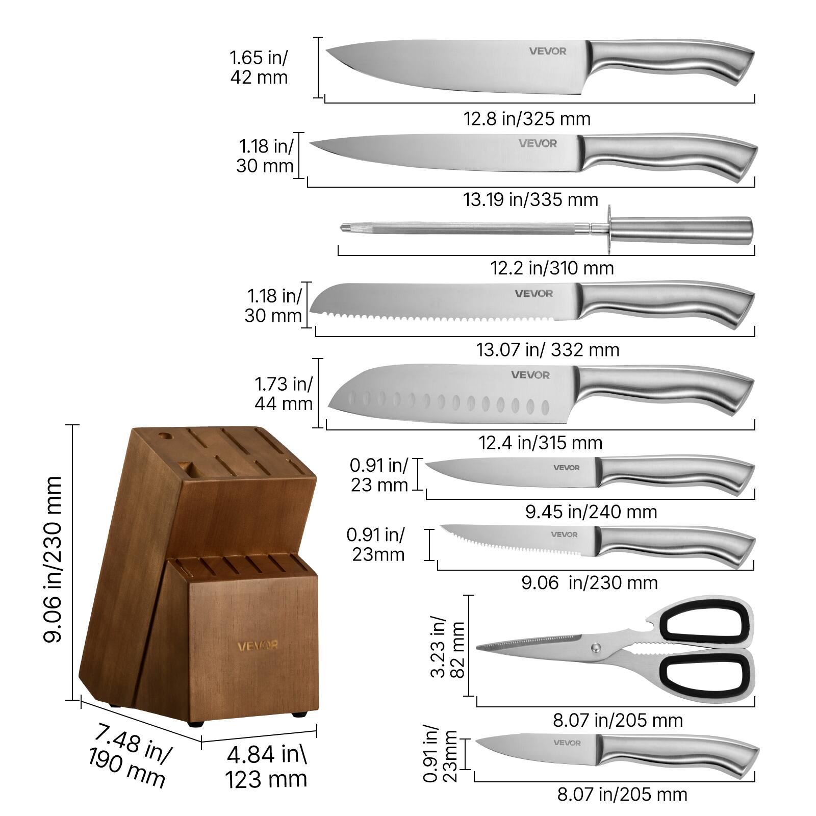 1.65 in/ 42 mm  
1.18 in/ 30 mm  
12.8 in/325 mm  
13.19 in/335 mm  
1.18 in/ 30 mm  
12.2 in/310 mm  
13.07 in/ 332 mm  
1.73 in/ 44 mm  
12.4 in/315 mm  
9.45 in/240 mm  
9.06 in/230 mm  
7.48 in/ 190 mm  
4.84 in/ 123 mm  
0.91 in/ 23 mm  
0.91 in/ 23mm  
3.23 in/ 82 mm  
8.07 in/205 mm  
0.91 in/ 23mm  
8.07 in/205 mm