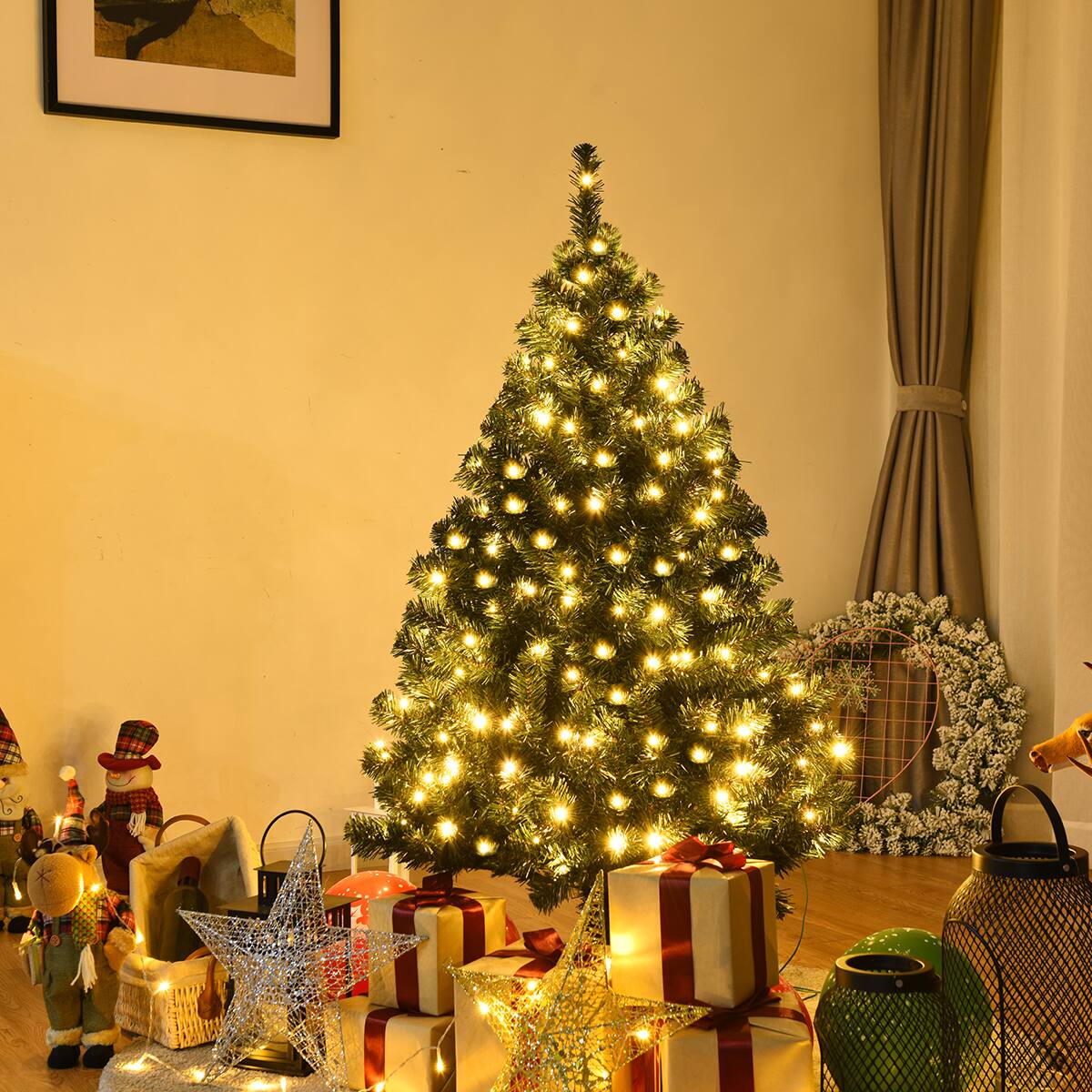 Front. Gymax - Gymax Pre-lit 4.5Ft Christmas Tree Hinged Artificial PVC with LED Light Holiday Decor - Green.