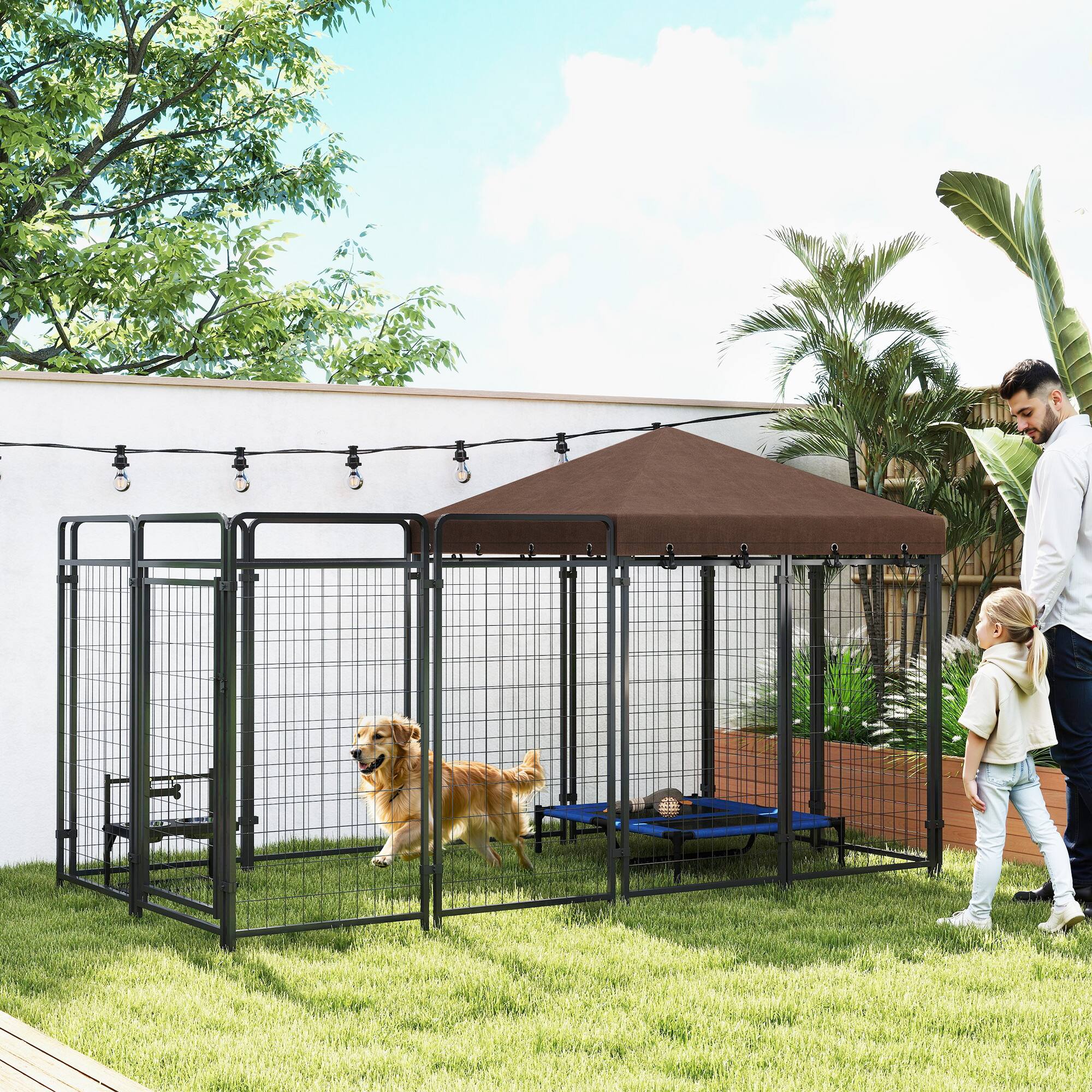 Angle. Pawhut - Dog Kennel Outdoor, Waterproof Canopy, Run, Galvanized Chain Link, Secure Lock, Large, Medium, 9.3'x4.6'x5.2'.