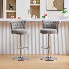 HTUTWOO - Adjustable Swivel Bar Stools Set of 2, Velvet Counter Height Chairs with Chrome Nailhead for Kitchen, Dining Room - Gray