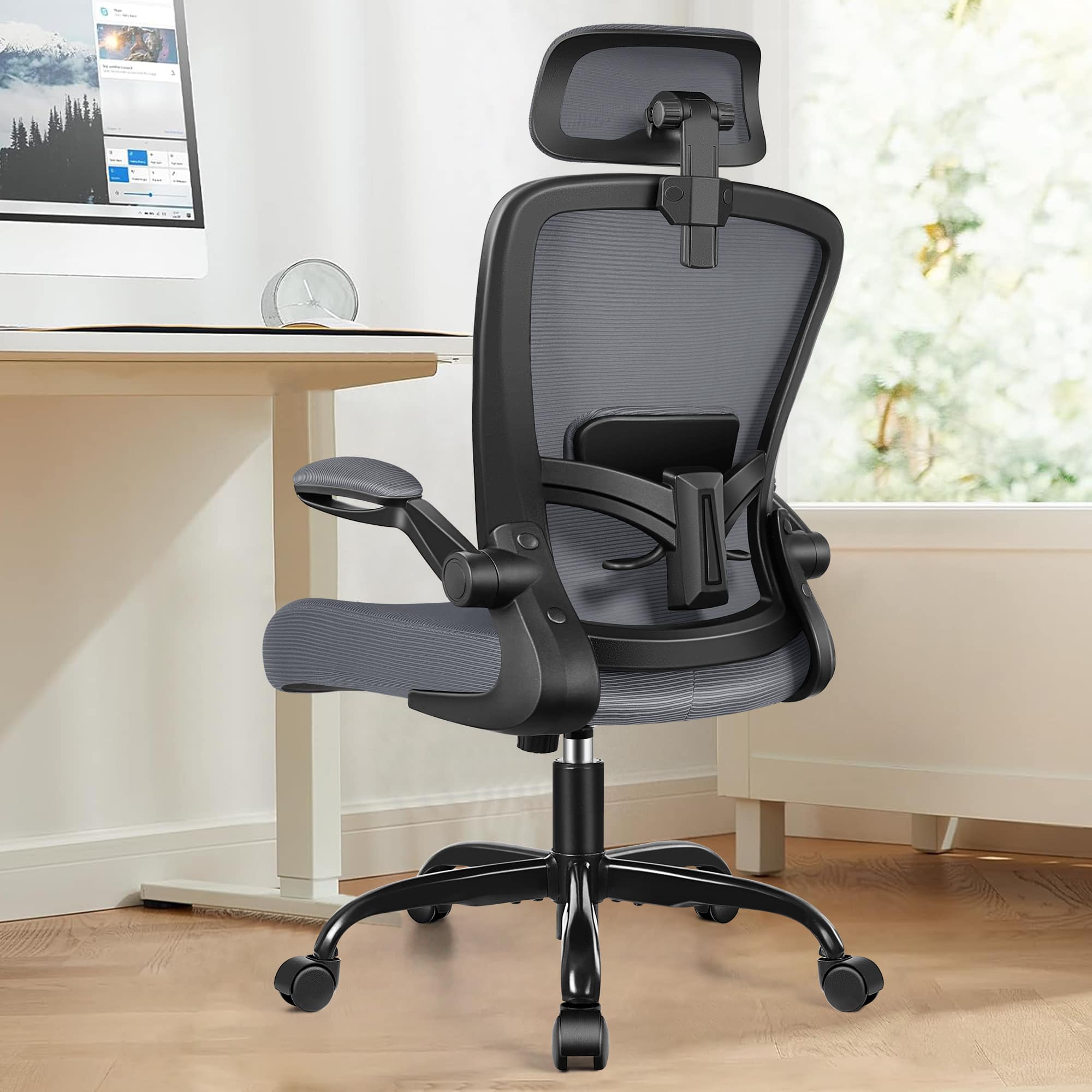 KERDOM - Ergonomic High Back Office Chair, Computer Chair with Adjustable Height, Lumbar Support Home Office Swivel Gaming Chair - Dark Gray
