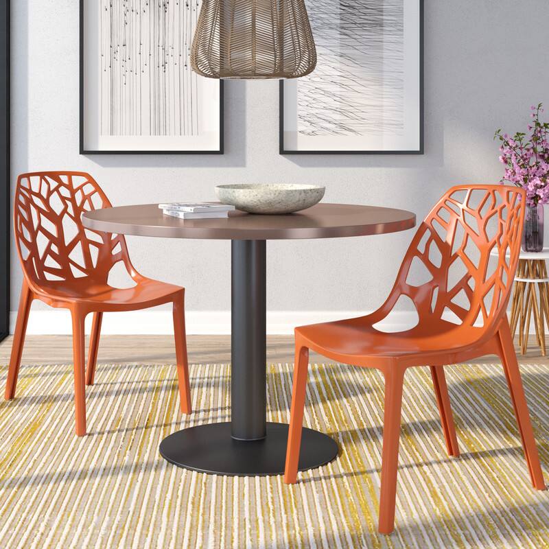 Angle. LeisureMod - Cornelia 2-Pieces Modern Plastic Dining Chair with Cut Out Design Backrest for Indoor Outdoor - Solid Orange.