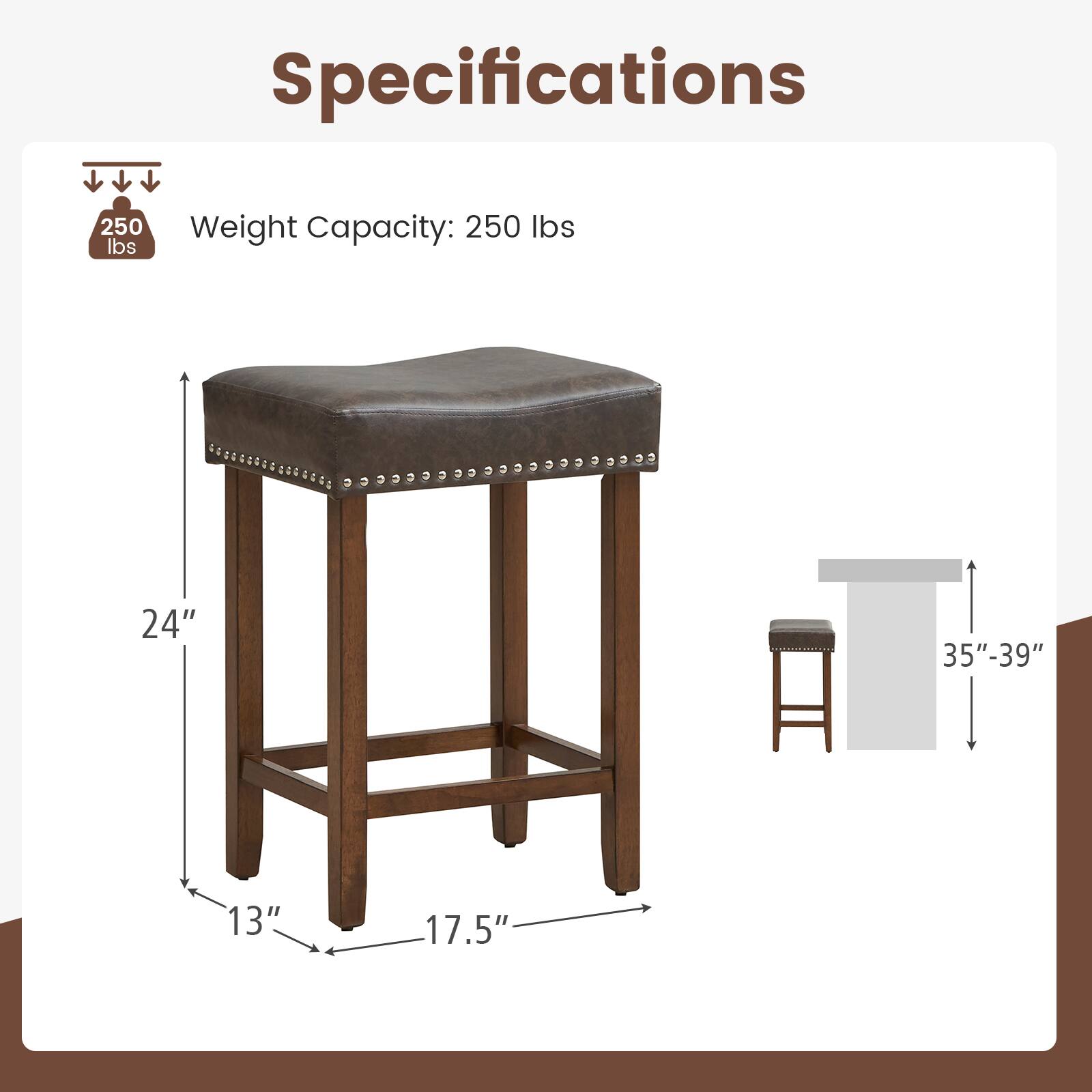 Specifications:
Weight Capacity: 250 lbs
Dimensions: 24" x 35"-39" x 13" x 17.5"