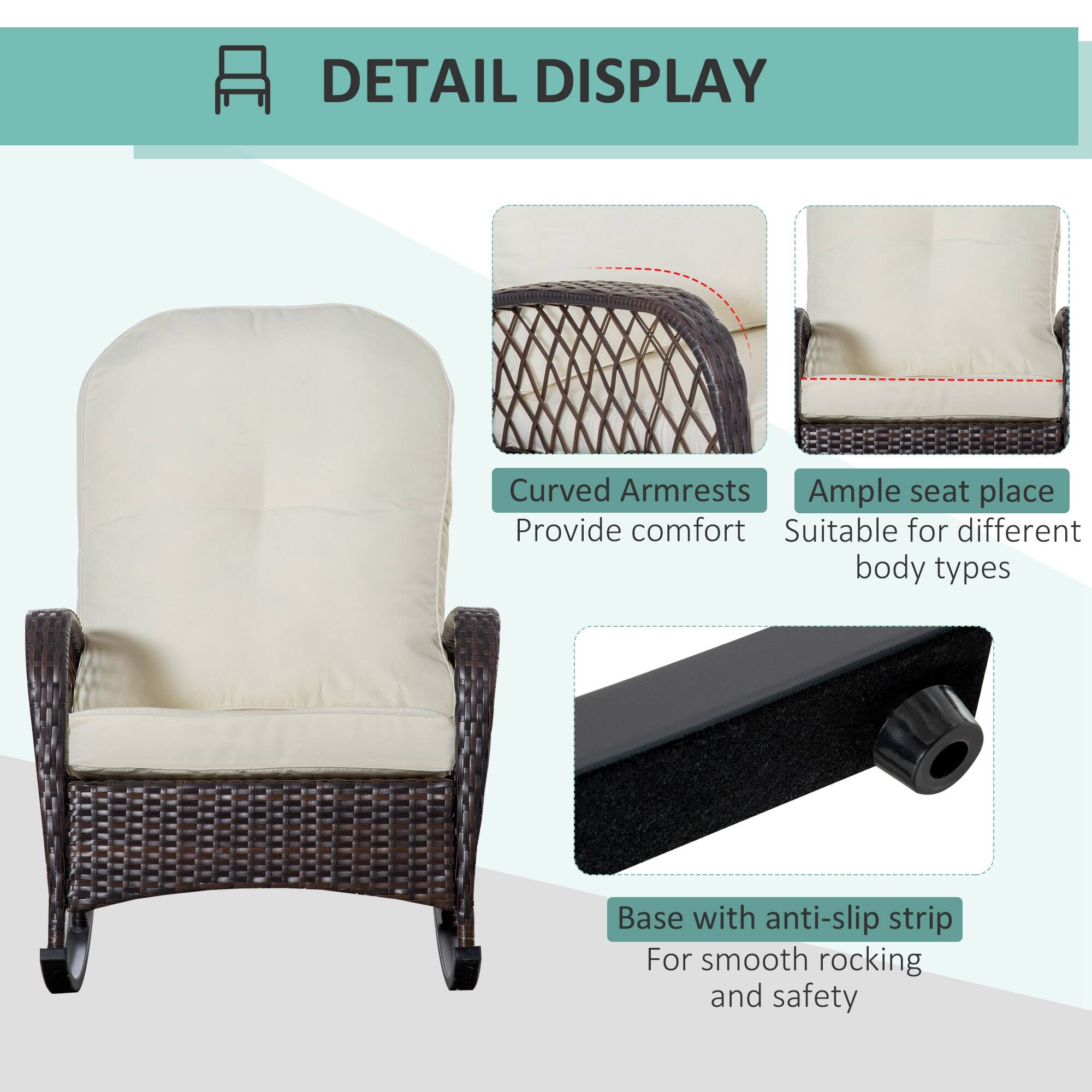 **DETAIL DISPLAY**

- **Curved Armrests**  
  Provide comfort

- **Ample seat place**  
  Suitable for different body types

- **Base with anti-slip strip**  
  For smooth rocking and safety