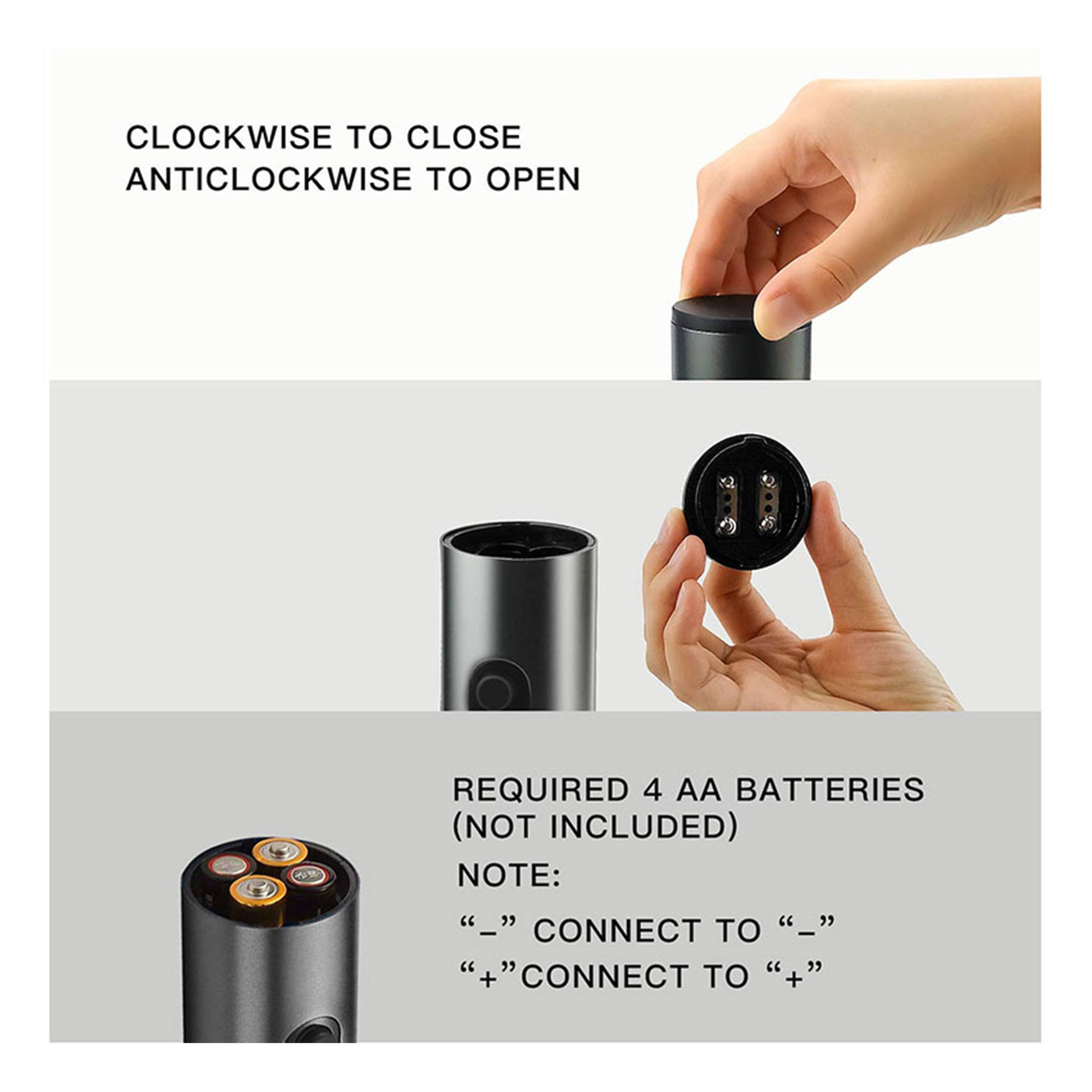 CLOCKWISE TO CLOSE ANTICLOCKWISE TO OPEN
REQUIRED 4 AA BATTERIES (NOT INCLUDED)
NOTE: "_" CONNECT TO "_" "+" CONNECT TO "+"