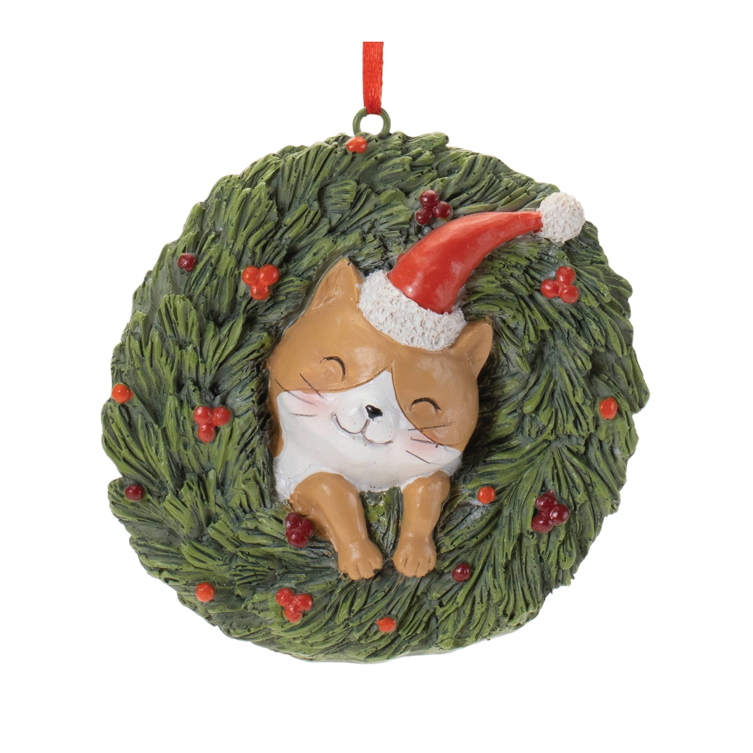 Back. BreeBe - Playful Cat and Dog in Pine Wreath Ornament (Set of 4) - Green, Beige.