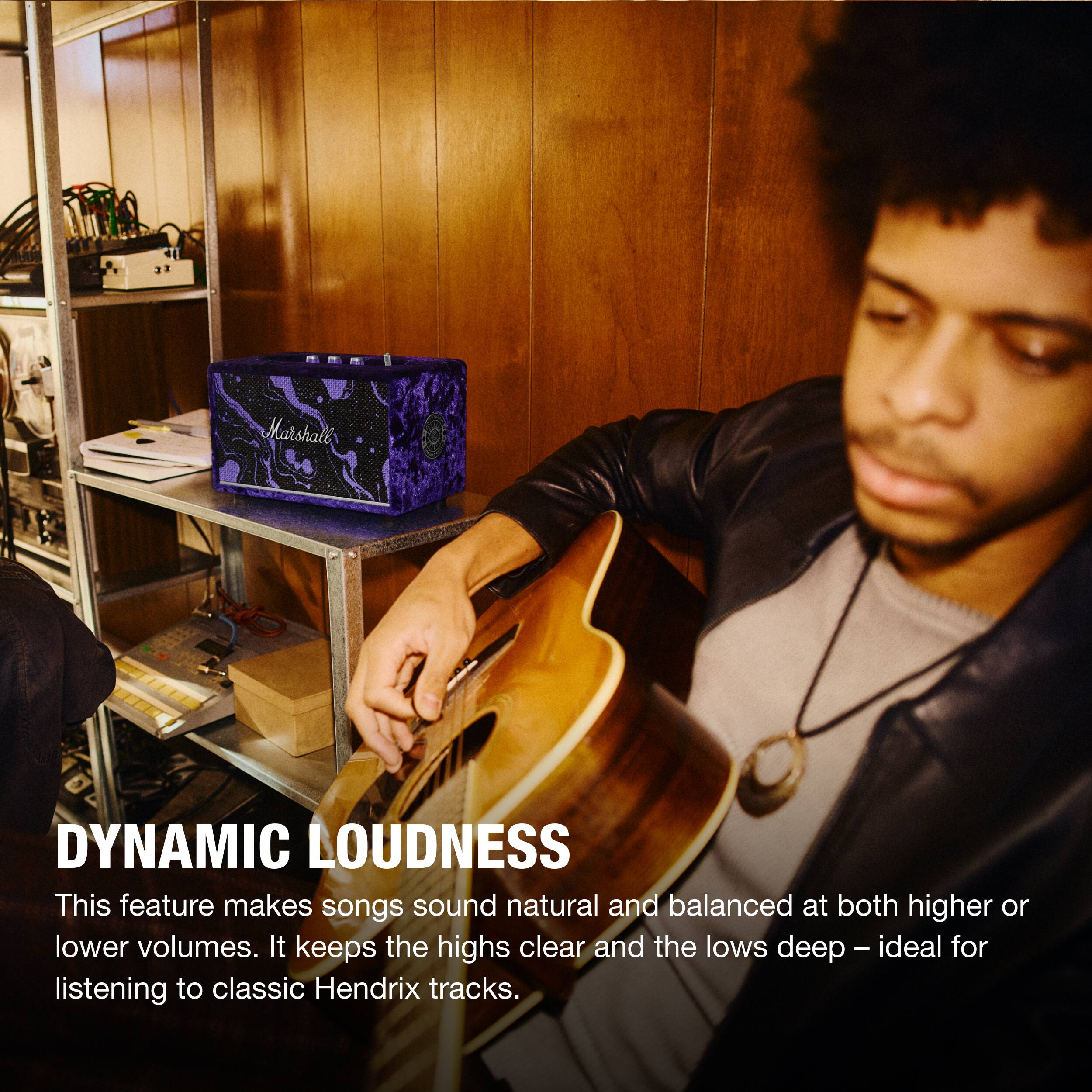Marshall

DYNAMIC LOUDNESS  
This feature makes songs sound natural and balanced at both higher or lower volumes. It keeps the highs clear and the lows deep - ideal for listening to classic Hendrix tracks.