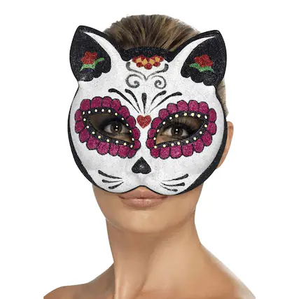 Front. Smiffys - Sugar Skull Cat Eye Mask Costume Accessory - Multi-Colored.