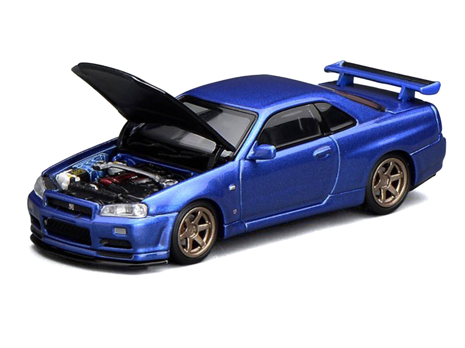 Alt View 1. MotorHelix - Nissan Skyline GT-R (R34) V-Spec II RHD Bayside Blue Metallic with Carbon Hood "Senior 64" 1/64 Model Car by MotorHelix.