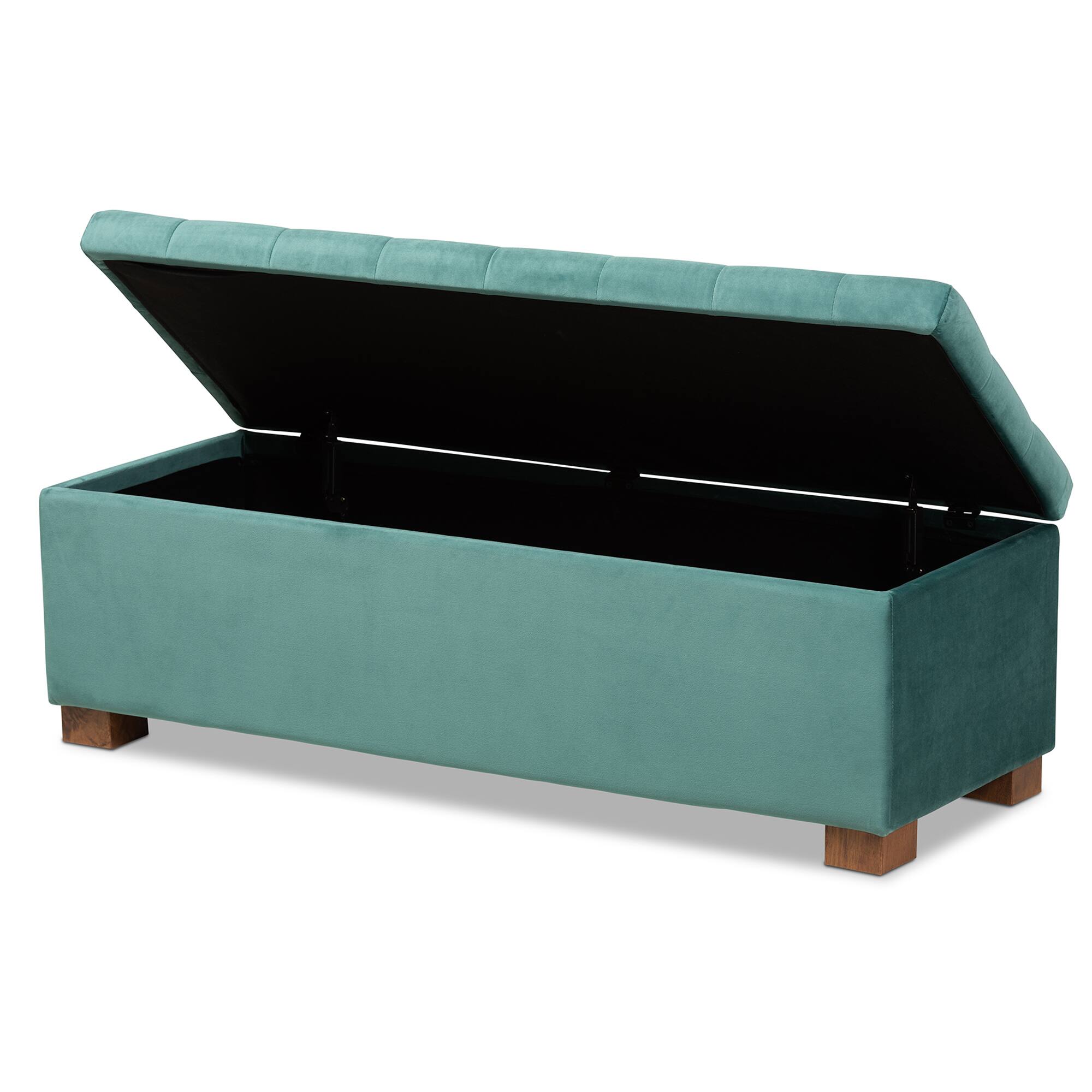 Angle. Baxton Studio - Roanoke Modern and Contemporary Velvet Fabric Upholstered Grid-Tufted Storage Ottoman Bench - Teal Blue/Brown.