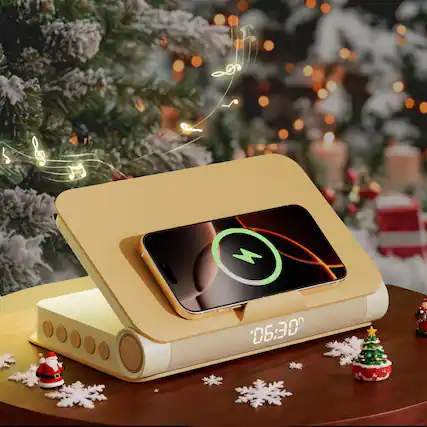 Front. Dazzed Corner - Book Lamp Sunrise Alarm Clock with Wireless Charger, Bluetooth Speaker - Yellow.