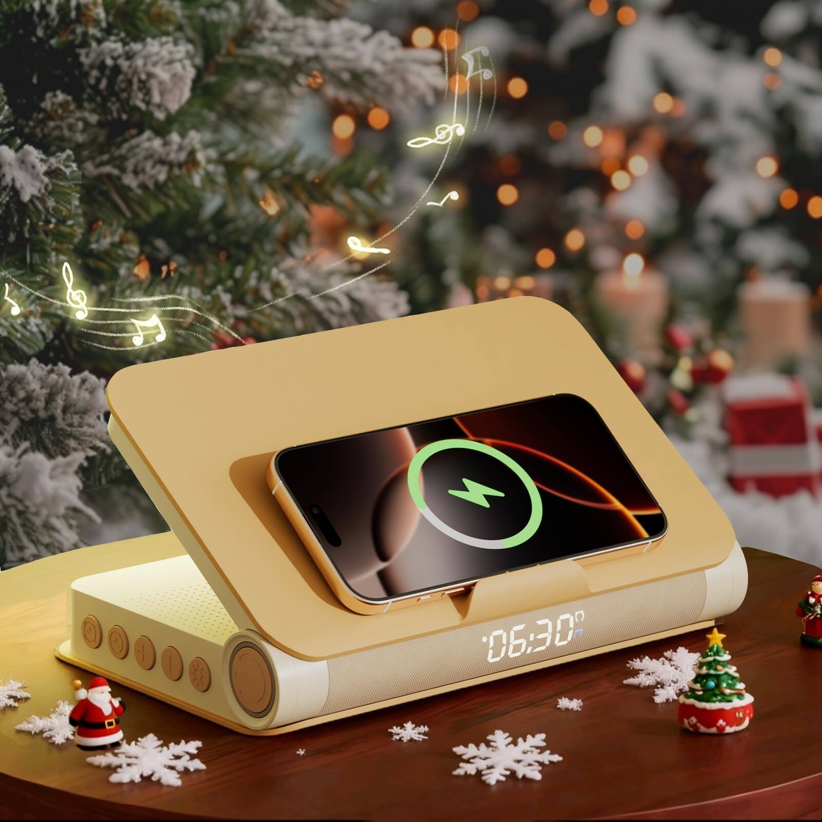 Front. Dazzed Corner - Book Lamp Sunrise Alarm Clock with Wireless Charger, Bluetooth Speaker - Yellow.