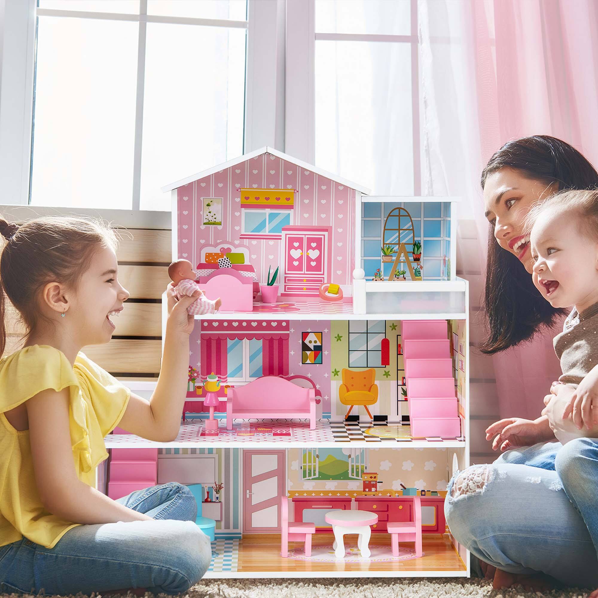 Alt View 3. Costway - Costway Kids Wooden Dollhouse Playset with 5 Simulated Rooms & 10 Pieces of Furniture - Pink.
