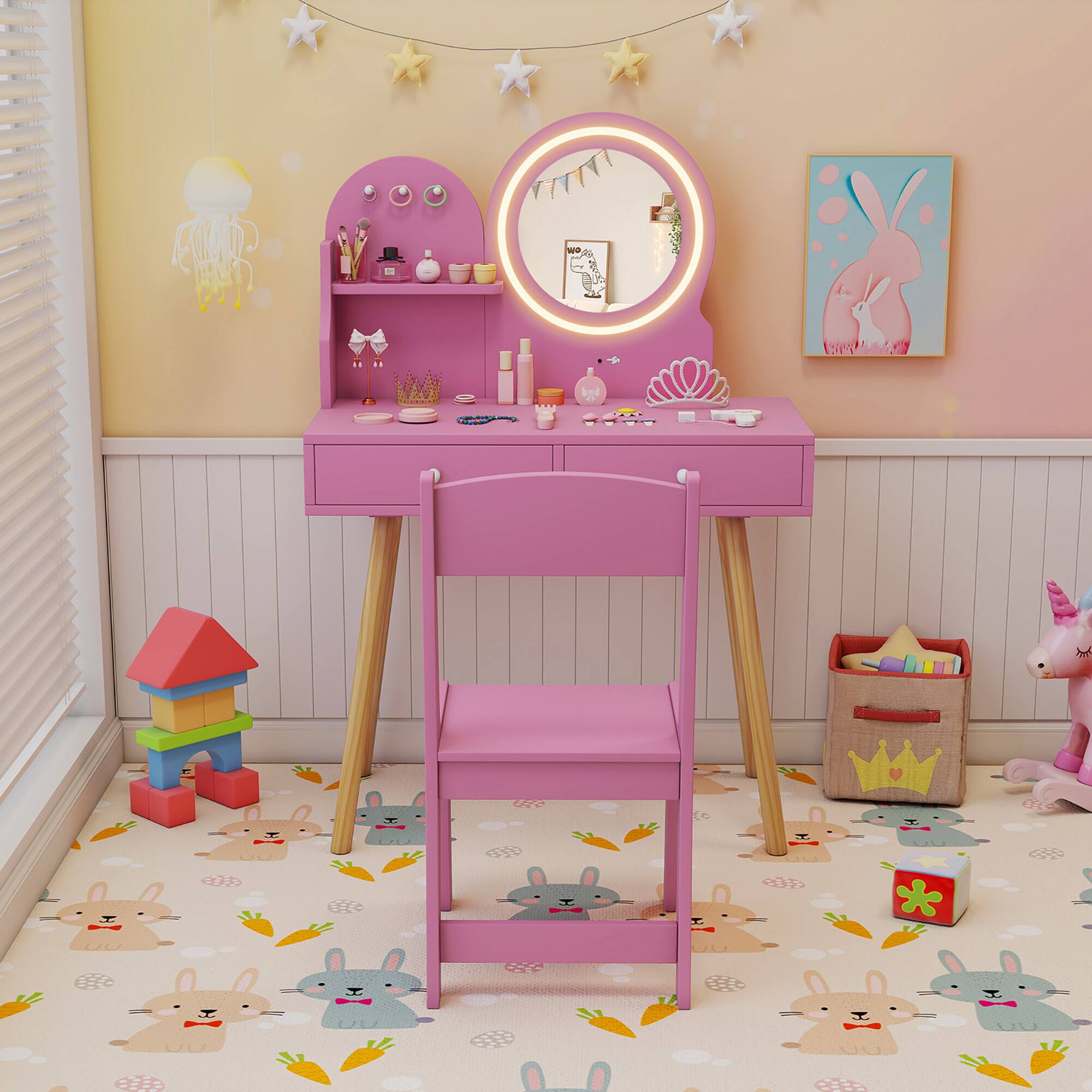 Alt View 4. Gymax - Gymax Kids Vanity Set w/ Lighted Mirror Princess Makeup Dressing Desk & Chair Set Pink - Pink.