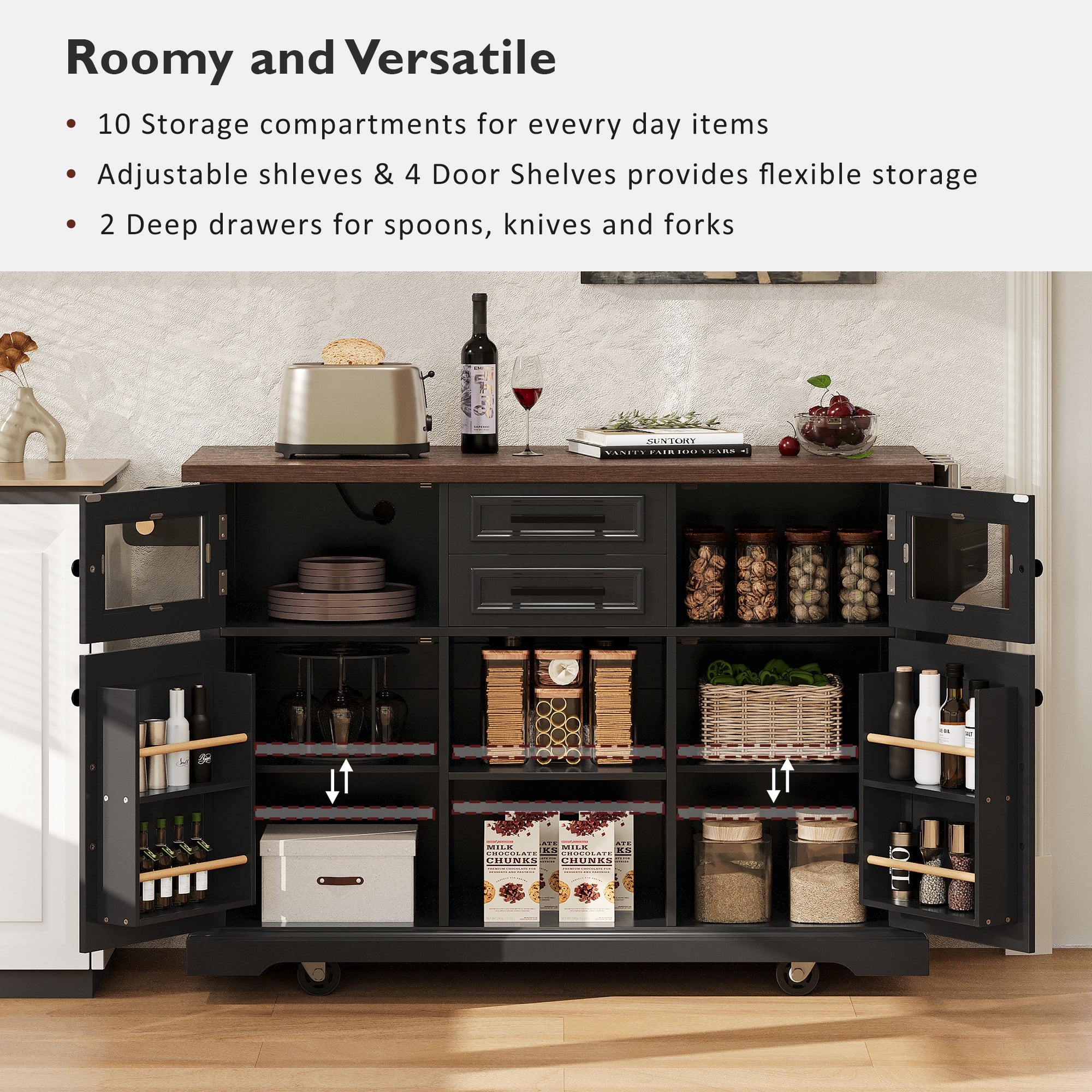 Roomy and Versatile
- 10 Storage compartments for everyday items
- Adjustable shelves & 4 Door Shelves provides flexible storage
- 2 Deep drawers for spoons, knives and forks