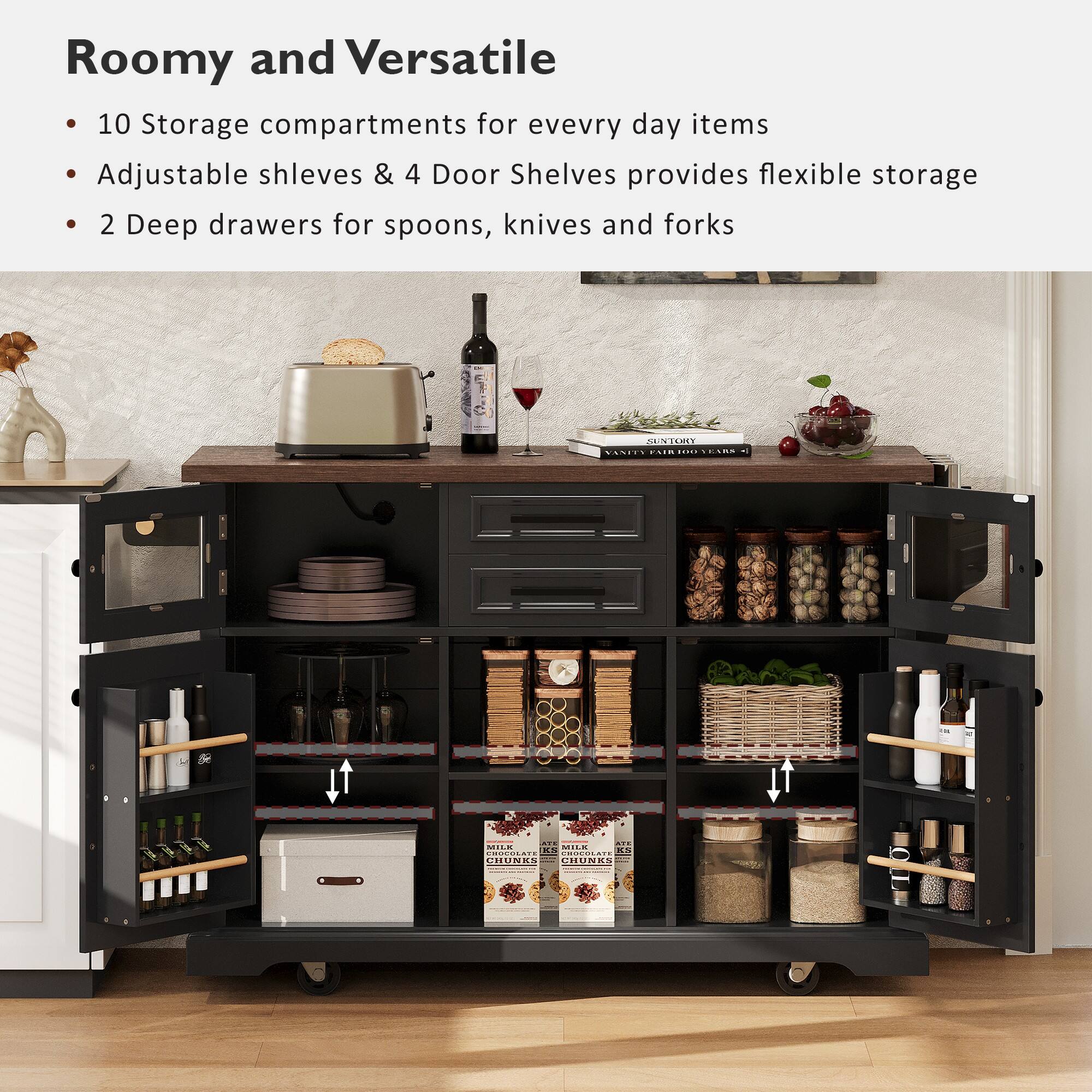Roomy and Versatile

- 10 Storage compartments for everyday items
- Adjustable shelves & 4 Door Shelves provides flexible storage
- 2 Deep drawers for spoons, knives and forks
