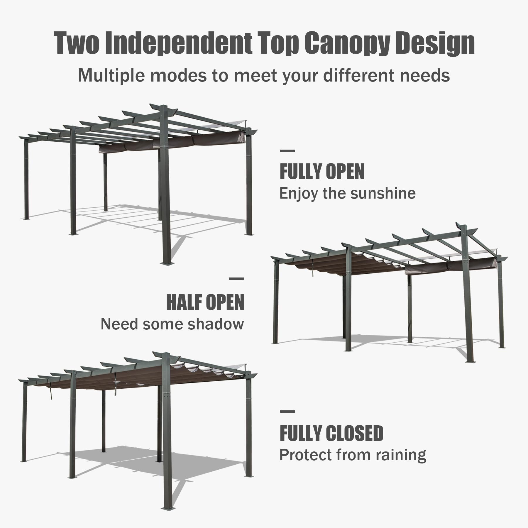 Two Independent Top Canopy Design  
Multiple modes to meet your different needs  

- FULLY OPEN  
Enjoy the sunshine  

- HALF OPEN  
Need some shadow  

- FULLY CLOSED  
Protect from raining