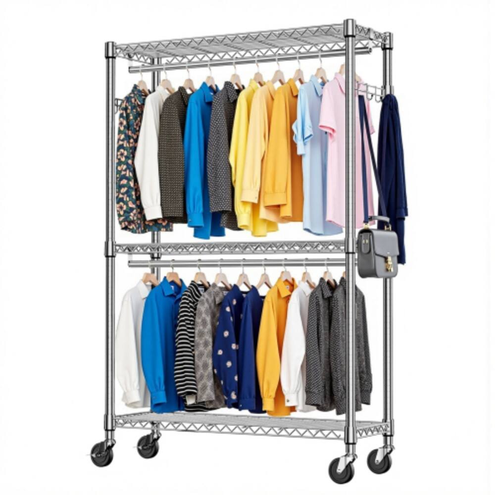 Alt View 2. LUCKY ONE - 79.6" H 3-Tier Heavy Duty Rolling Garment Rack w/ 2 Rods Side Hooks Adjustable - Chrome.