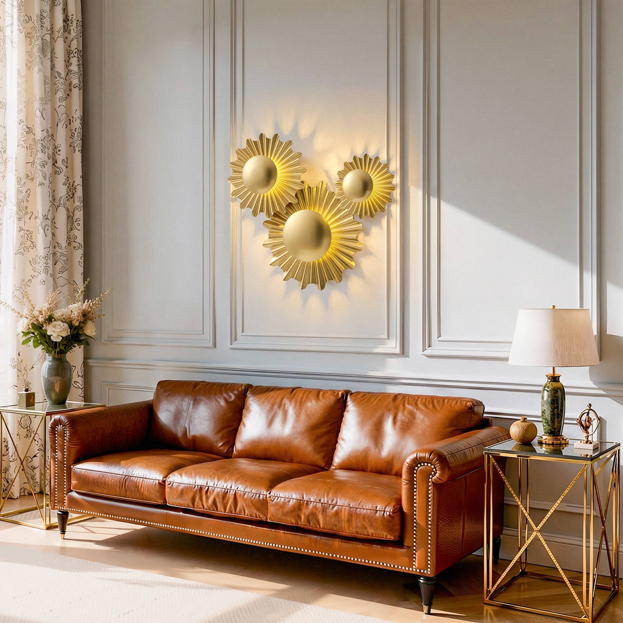 Back. Vaczon - 3-Light Integrated LED Sunburst Flush-Mounted Modern Vanity Light Fixture Wall Sconce for Bedroom and Entryway - Gold.