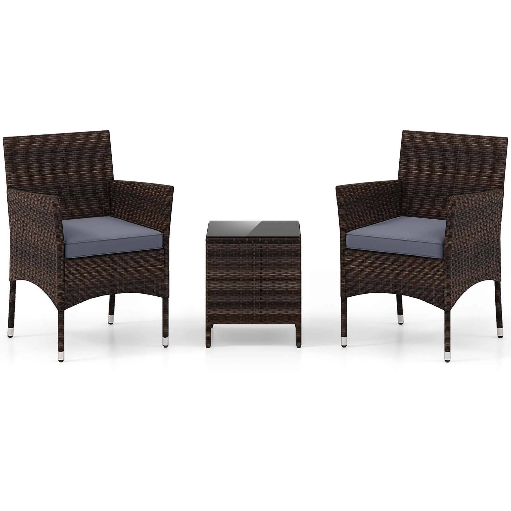 Angle. Costway - 3 PCS Outdoor Conversation Set with Cushioned Seat & Tempered Glass Tabletop - Gray,Mix Brown.
