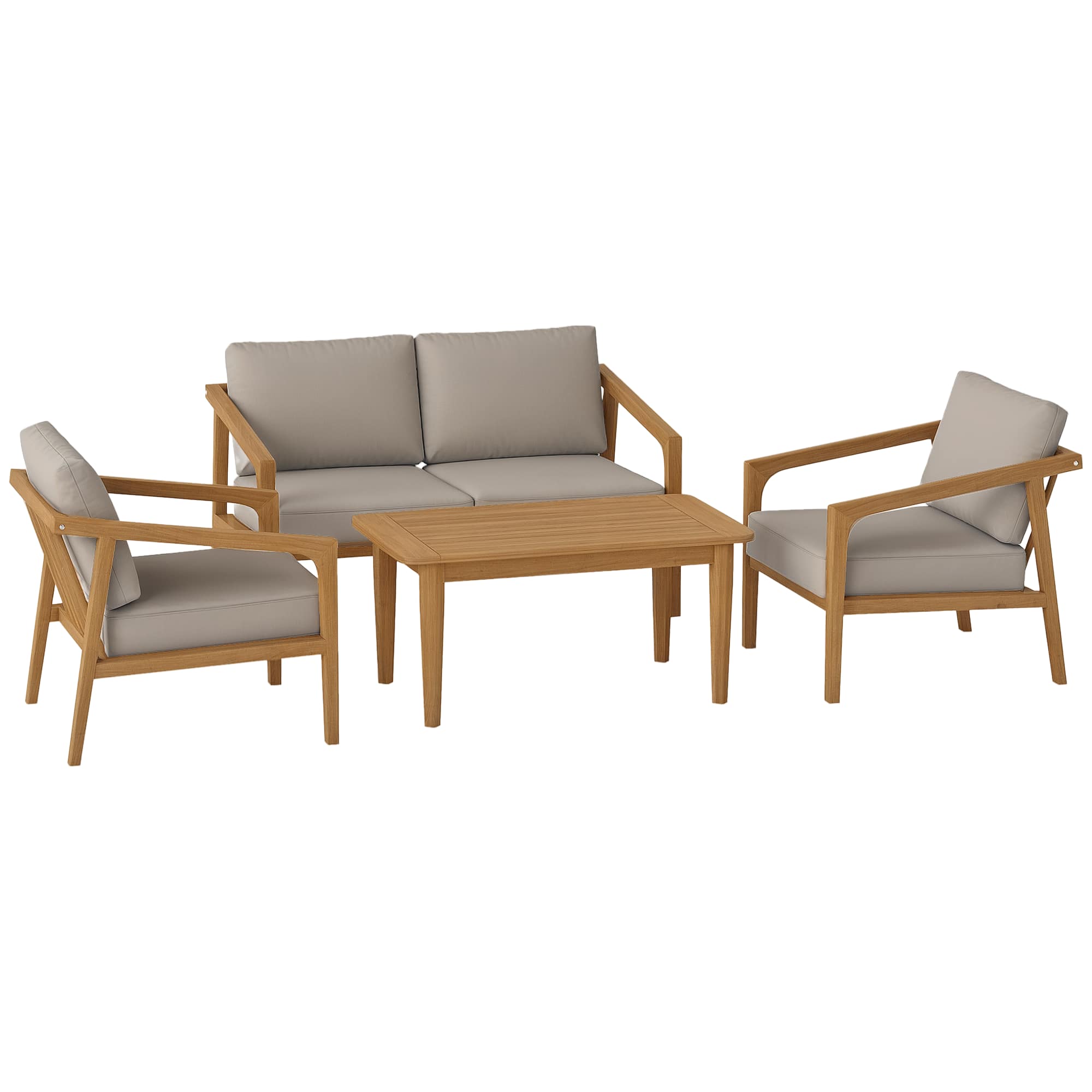 Front. Outsunny - 4 Pieces Acacia Wood Patio Furniture Set, Outdoor Sofa Loveseat & Chairs with Thickened Cushions - Teak.