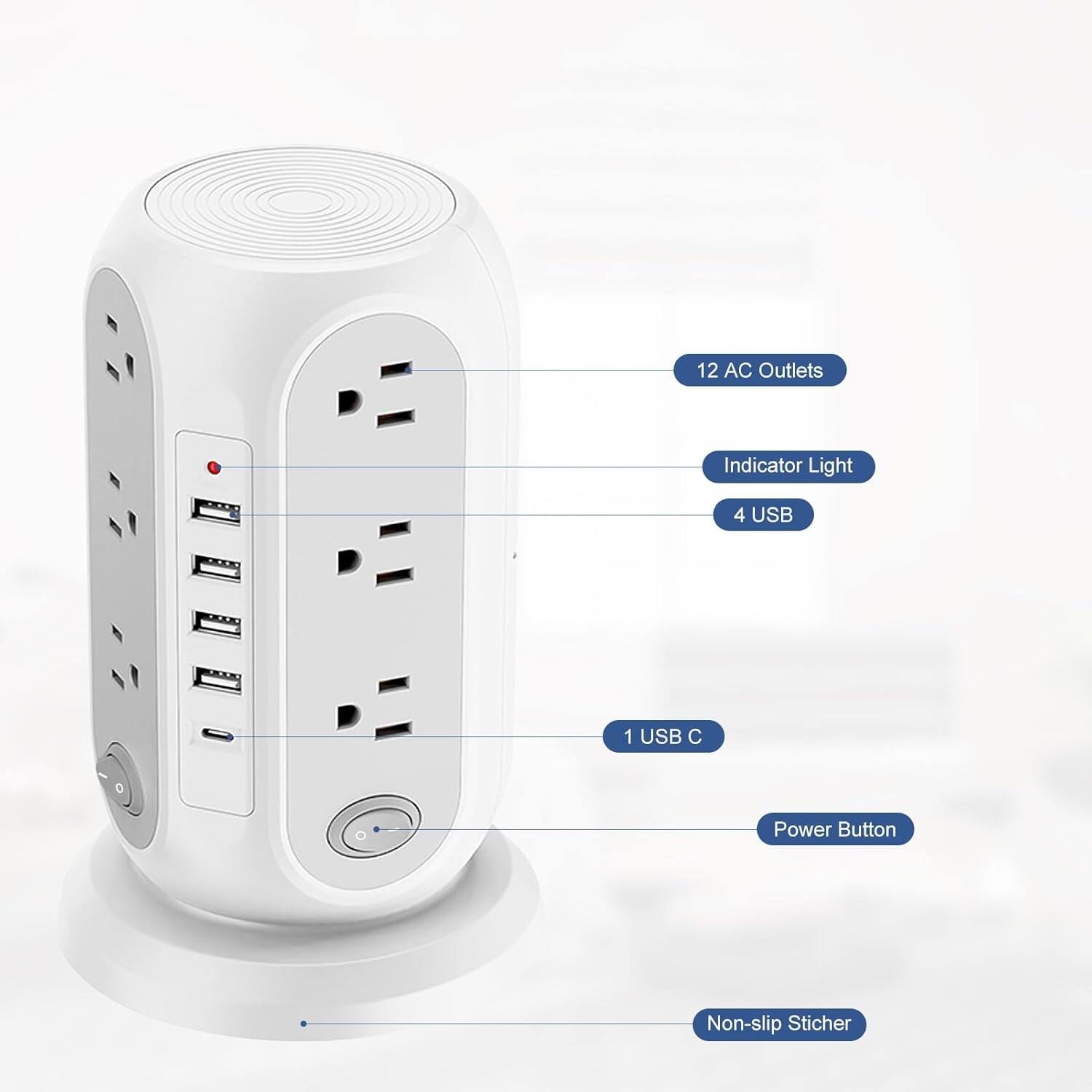 12 AC Outlets  
Indicator Light  
4 USB  
1 USB C  
Power Button  
Non-slip Sticker
