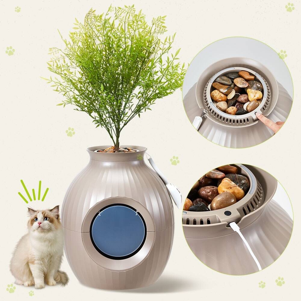 Back. U-HOMY - Modern Hidden Cat Litter Box Furniture, Decorative Planter Cat Enclosure with Odor Filter & Optional LED Lights - Brown - With LED.