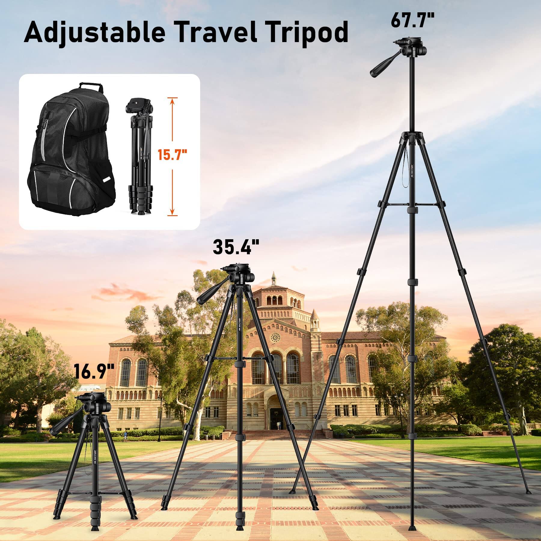 Adjustable Travel Tripod

- Height: 67.7"
- Collapsed Height: 15.7"
- Width: 35.4"
- Leg Width: 16.9"
