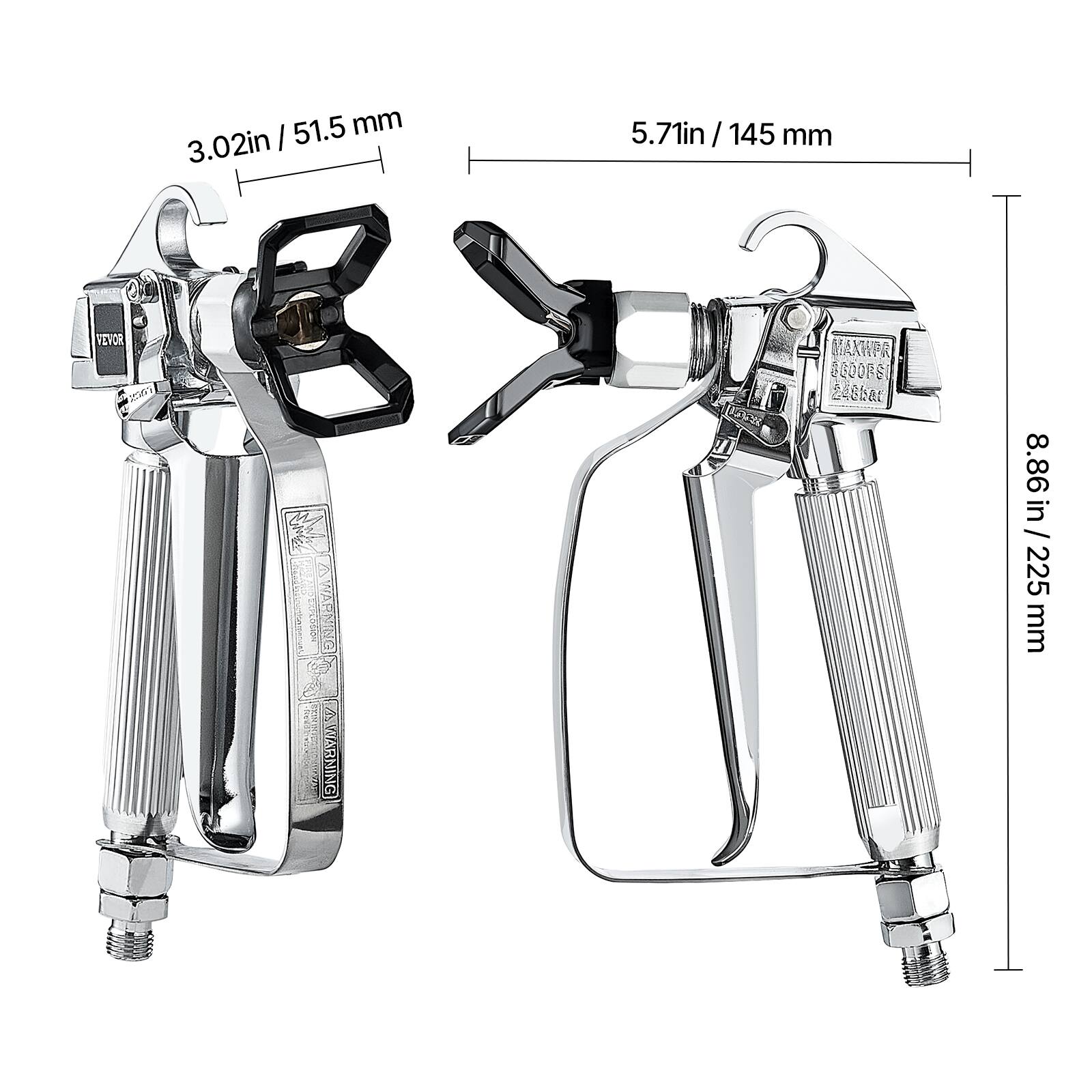 51.5 mm / 3.02 in  
5.71 in / 145 mm  
8.86 in / 225 mm  

VEVOR  
MAX WORKS  
GOODS  
248 bar  

WARNING