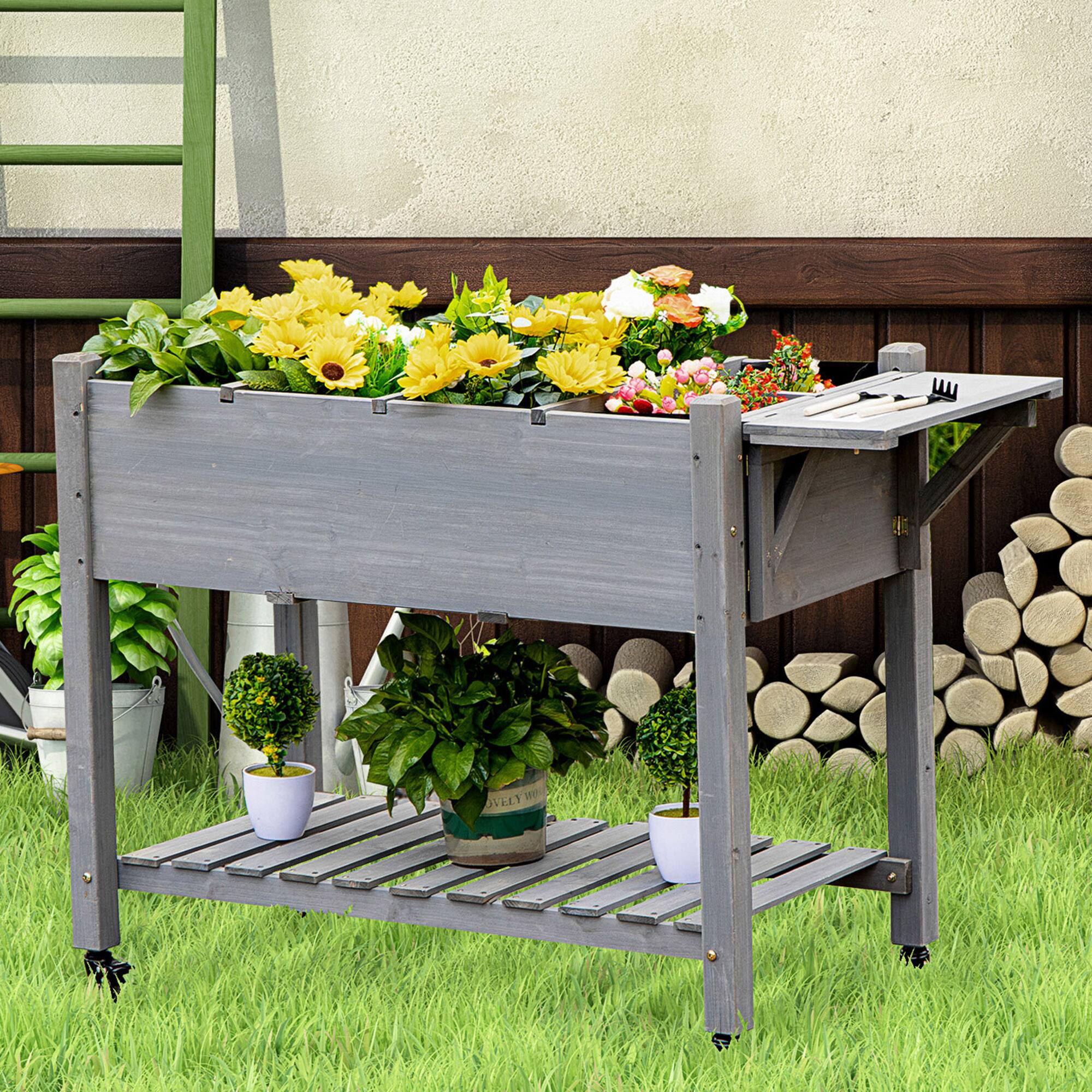 Alt View 1. Outsunny - Raised Garden Bed with 8 Grow Grids, Wooden Outdoor Plant Box Stand with Folding Side Table and Wheels, 49" x 21" x 34" - Gray.