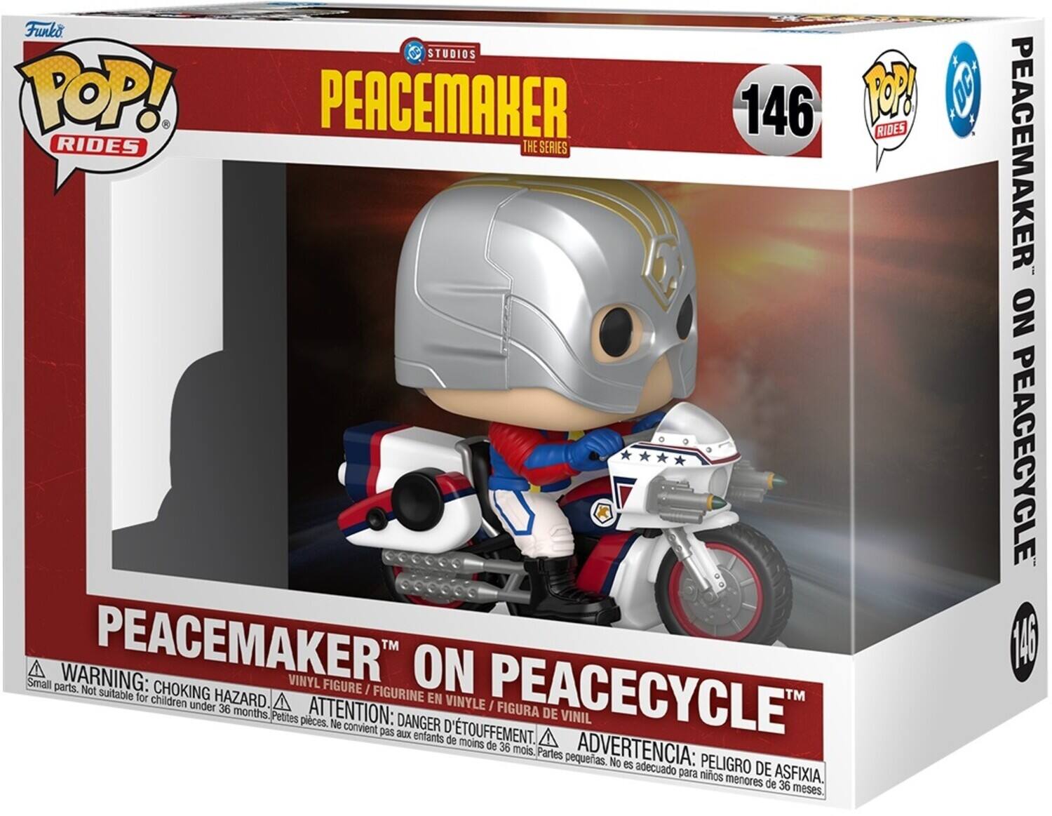 Funko STUDIOS POP! PEACEMAKER 146 RIDES THE SERIES PEACEMAKER ON PEACECYCLE PEACEMAKER TM

WARNING: Not suitable for children under 36 months. Small parts. CHOKING HAZARD. VINYL FIGURE / FIGURINE

ATTENTION: Ne convient pas aux enfants de moins de 36 mois. Petites pièces. DANGER D'ÉTOUFFEMENT.

ADVERTENCIA: No es adecuado para niños menores de 36 meses. Peligro de asfixia. Partes pequeñas.