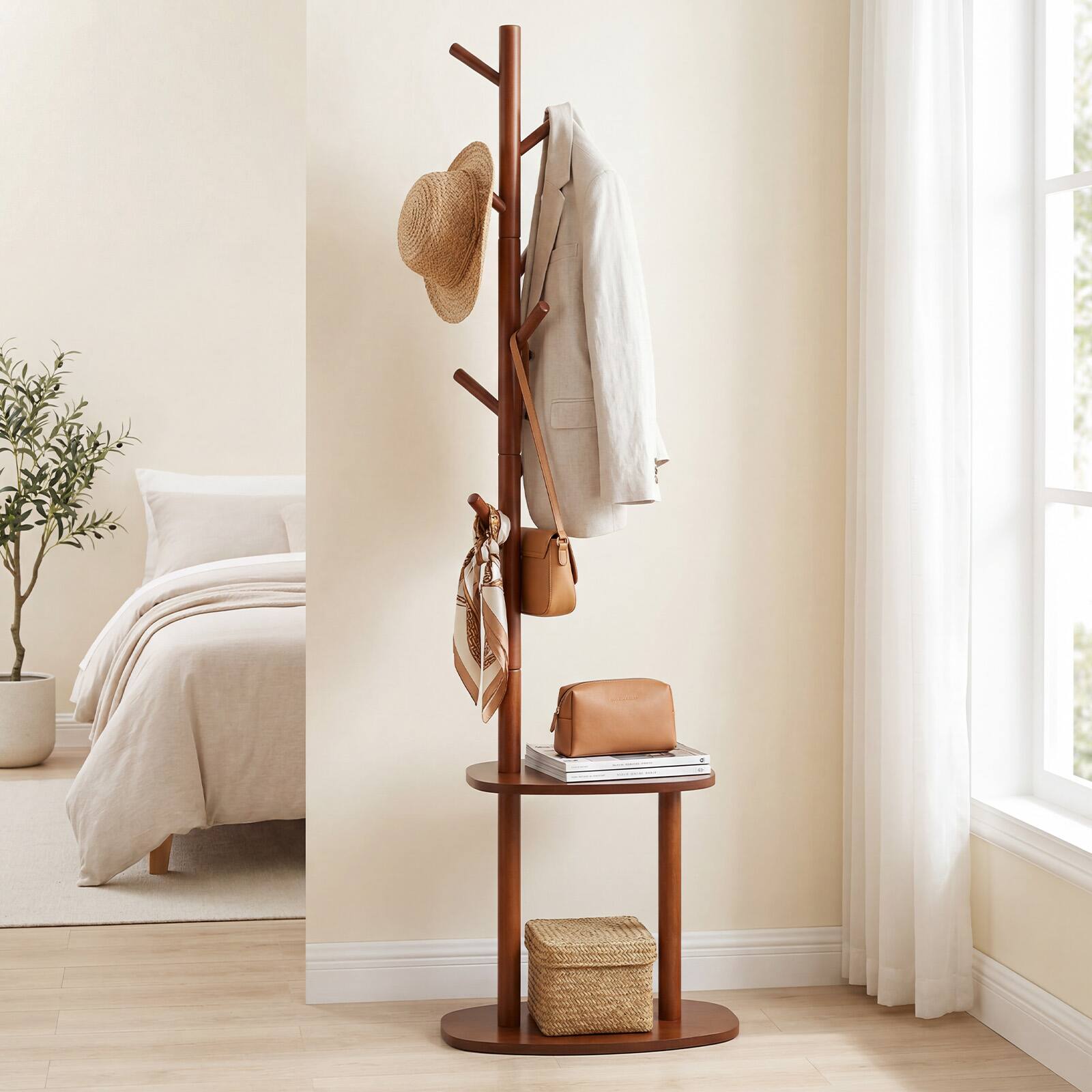 Alt View 1. Costway - Costway Coat Rack, Freestanding Hall Tree with 8 Rubber Wood Hooks and 2 Storage Shelves - Walnut.